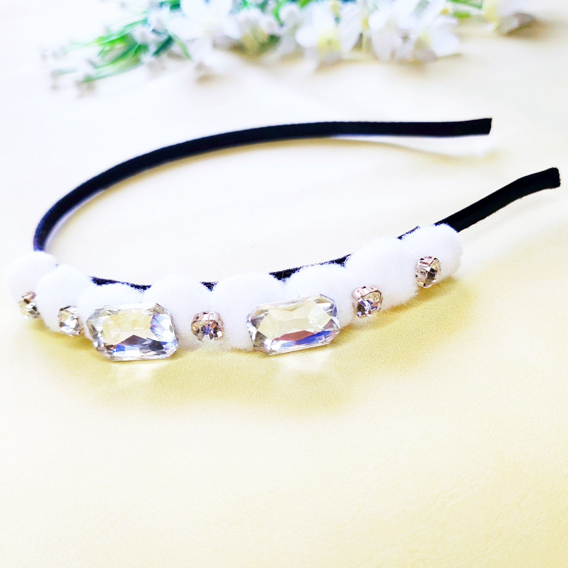 White Rhinestones and Pompom Headband