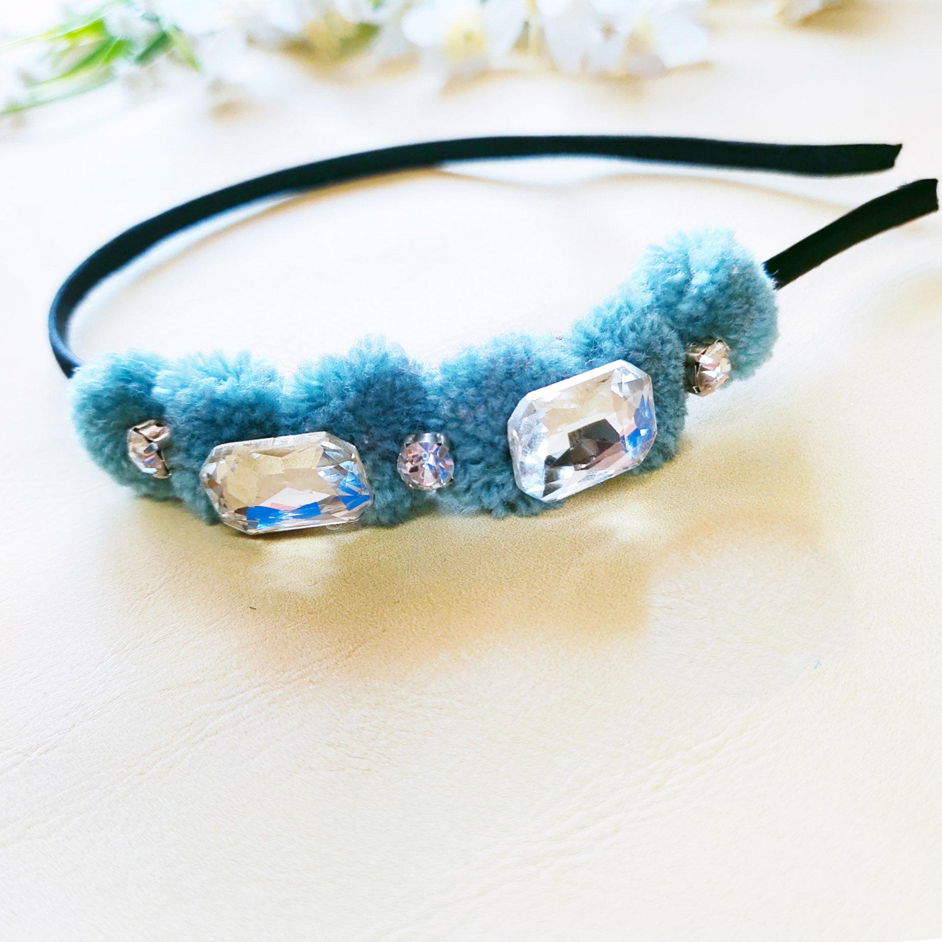 Grey Rhinestones and Pompom Headband