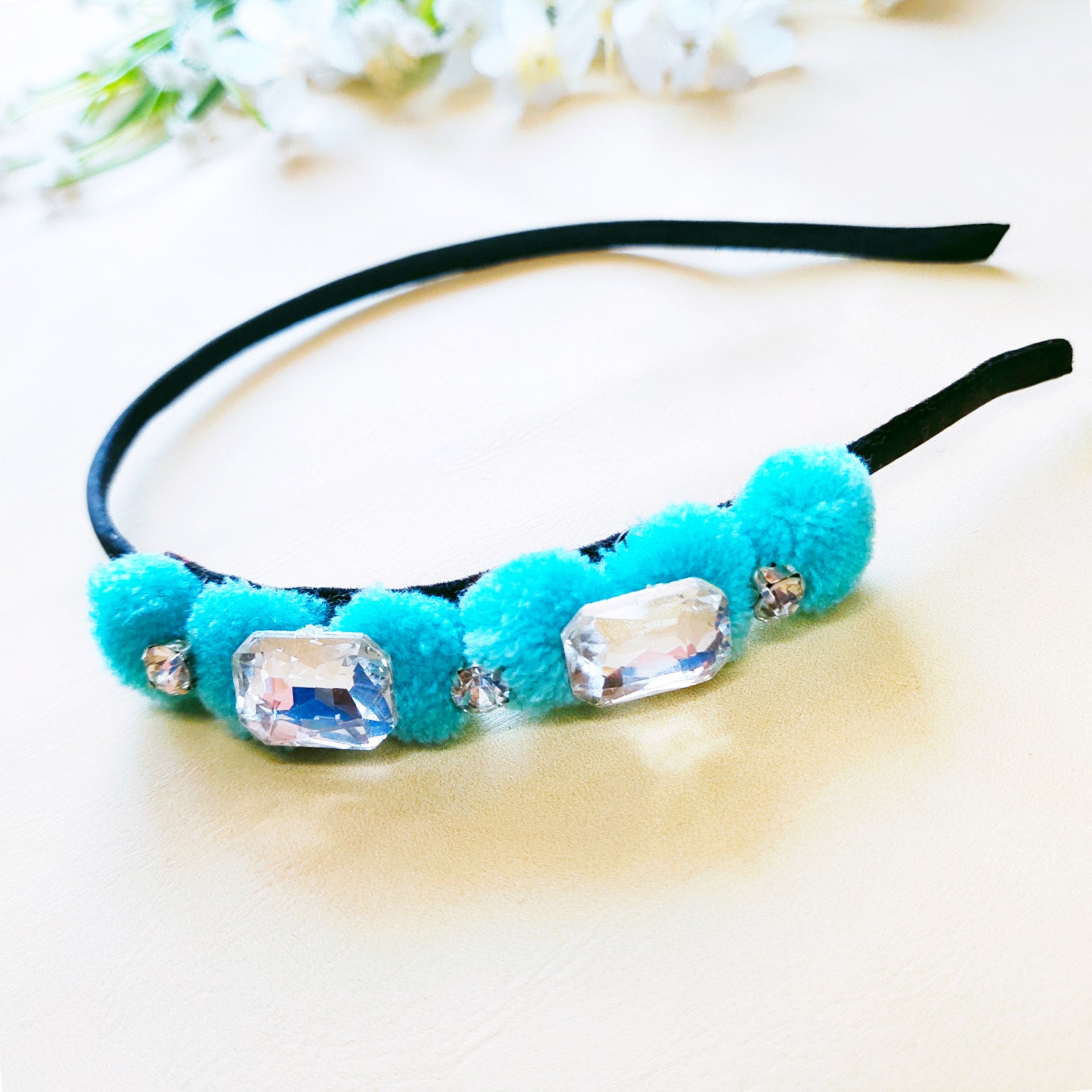 Light Blue Rhinestones and Pompom Headband