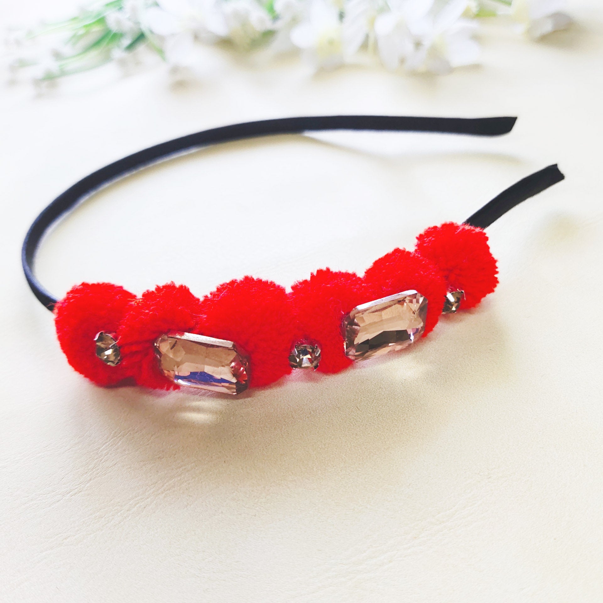 Red Rhinestones and Pompom Headband