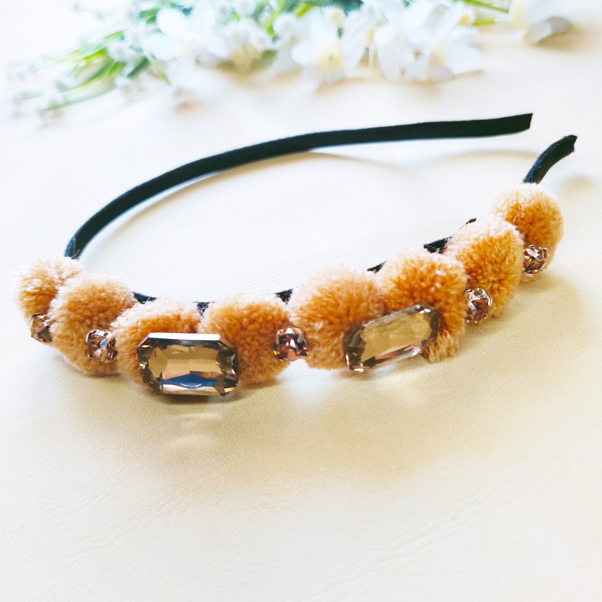 Brown Rhinestones and Pompom Headband
