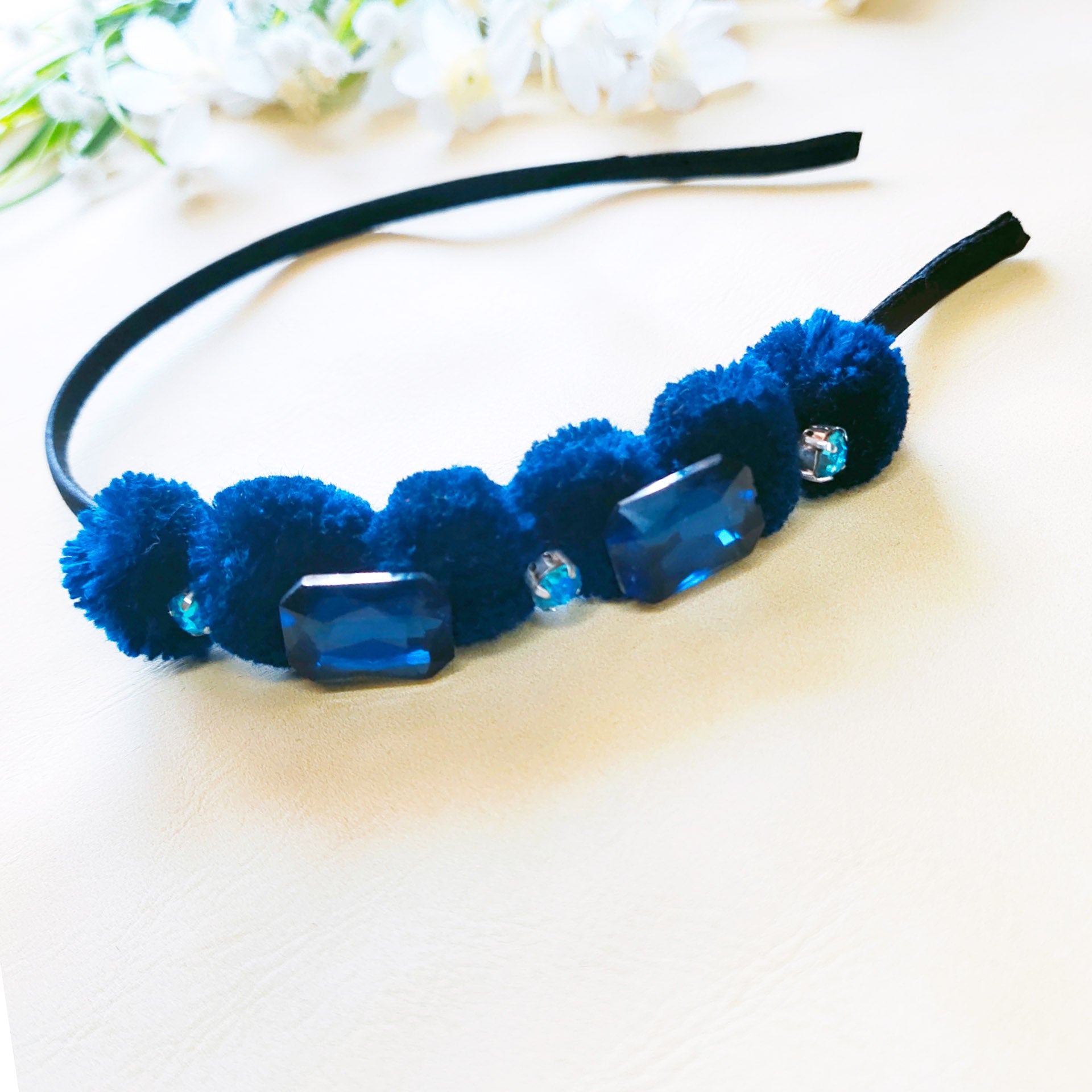 Dark Blue Rhinestones and Pompom Headband