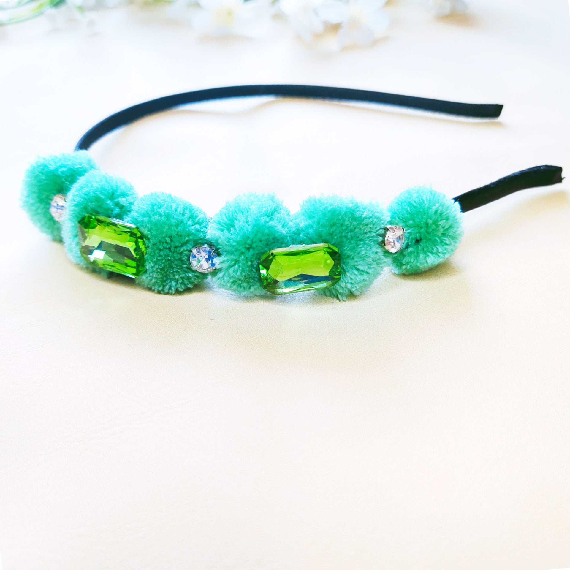 Green Rhinestones and Pompom Headband