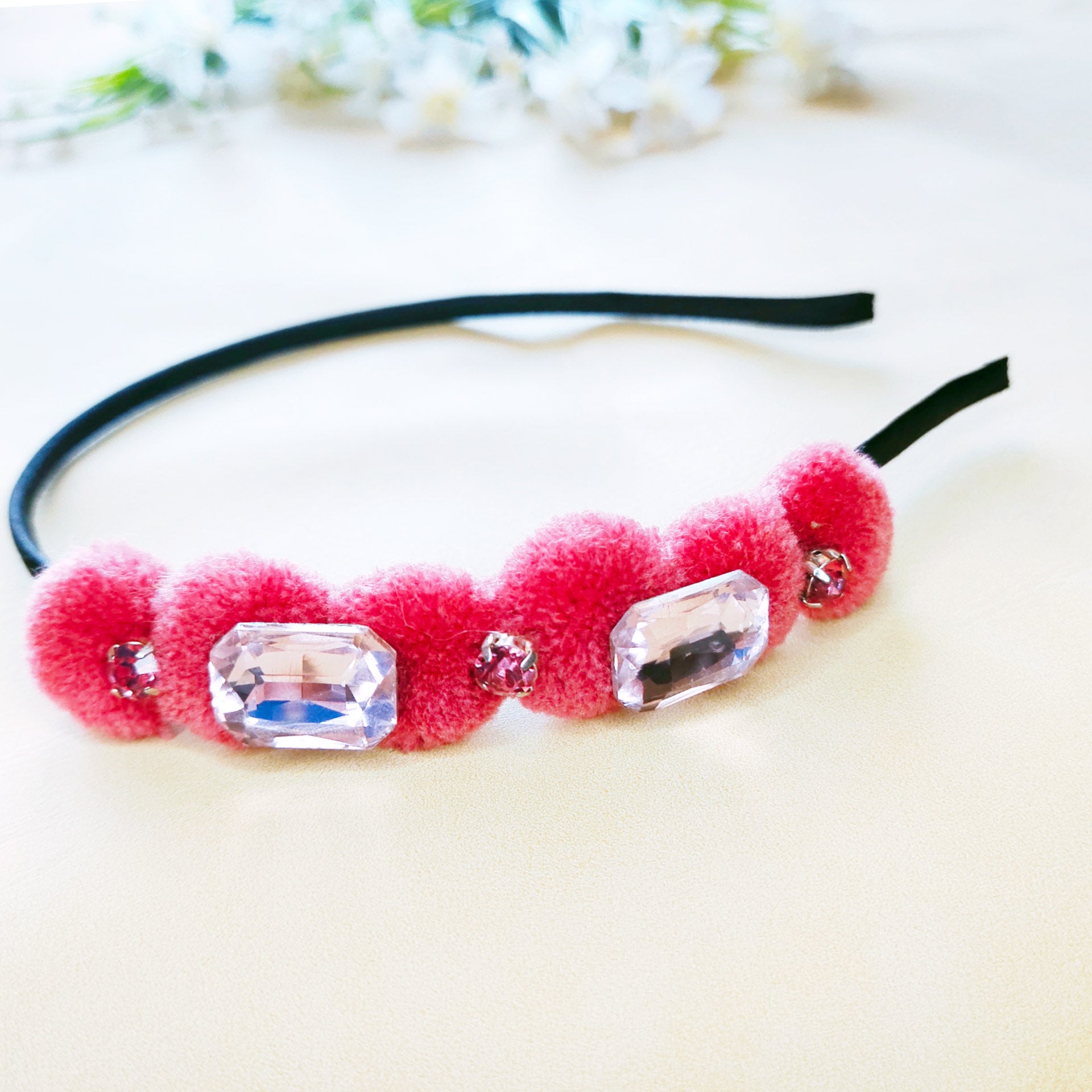 Plum Rhinestones and Pompom Headband
