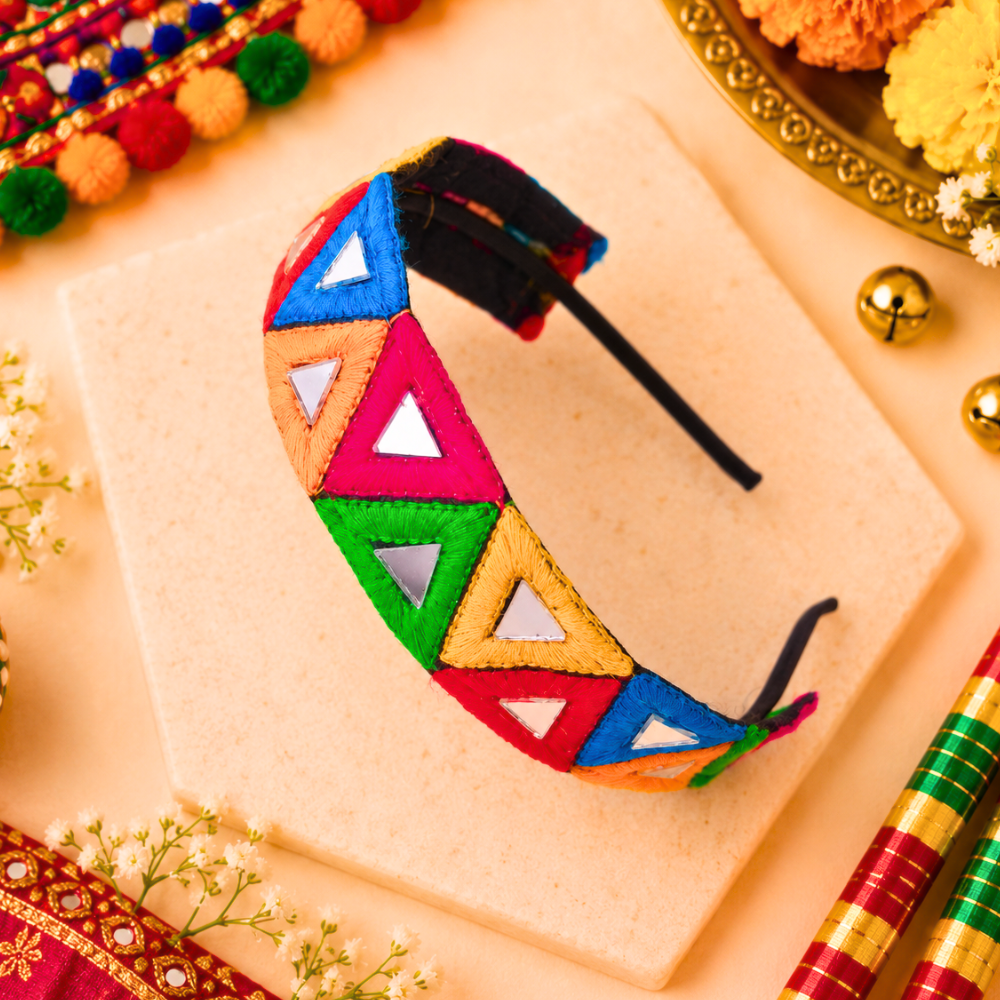 Navratri Triangular Mirror Embroidered Headband