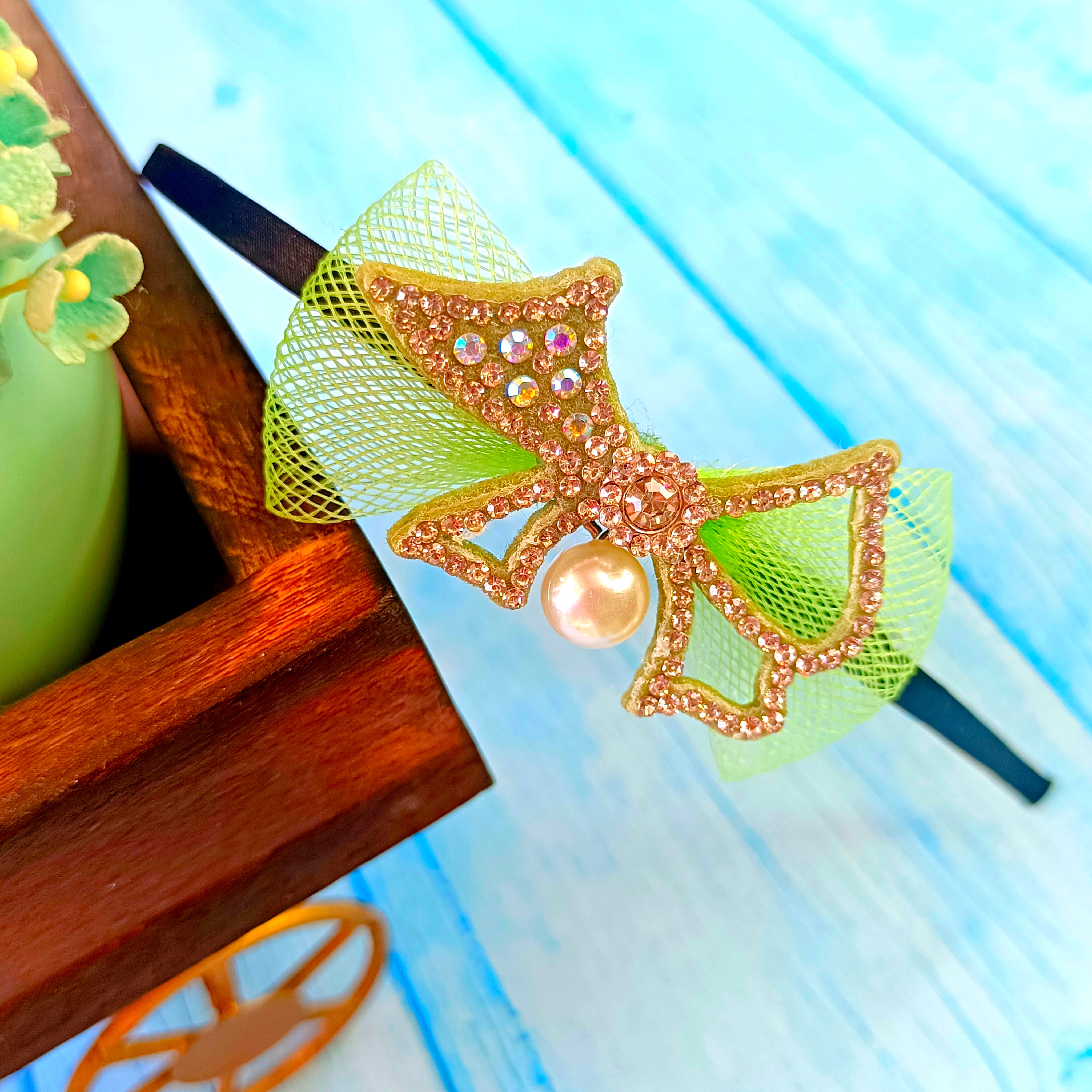 Fancy Bow with Dangling Pearl Headband - Green