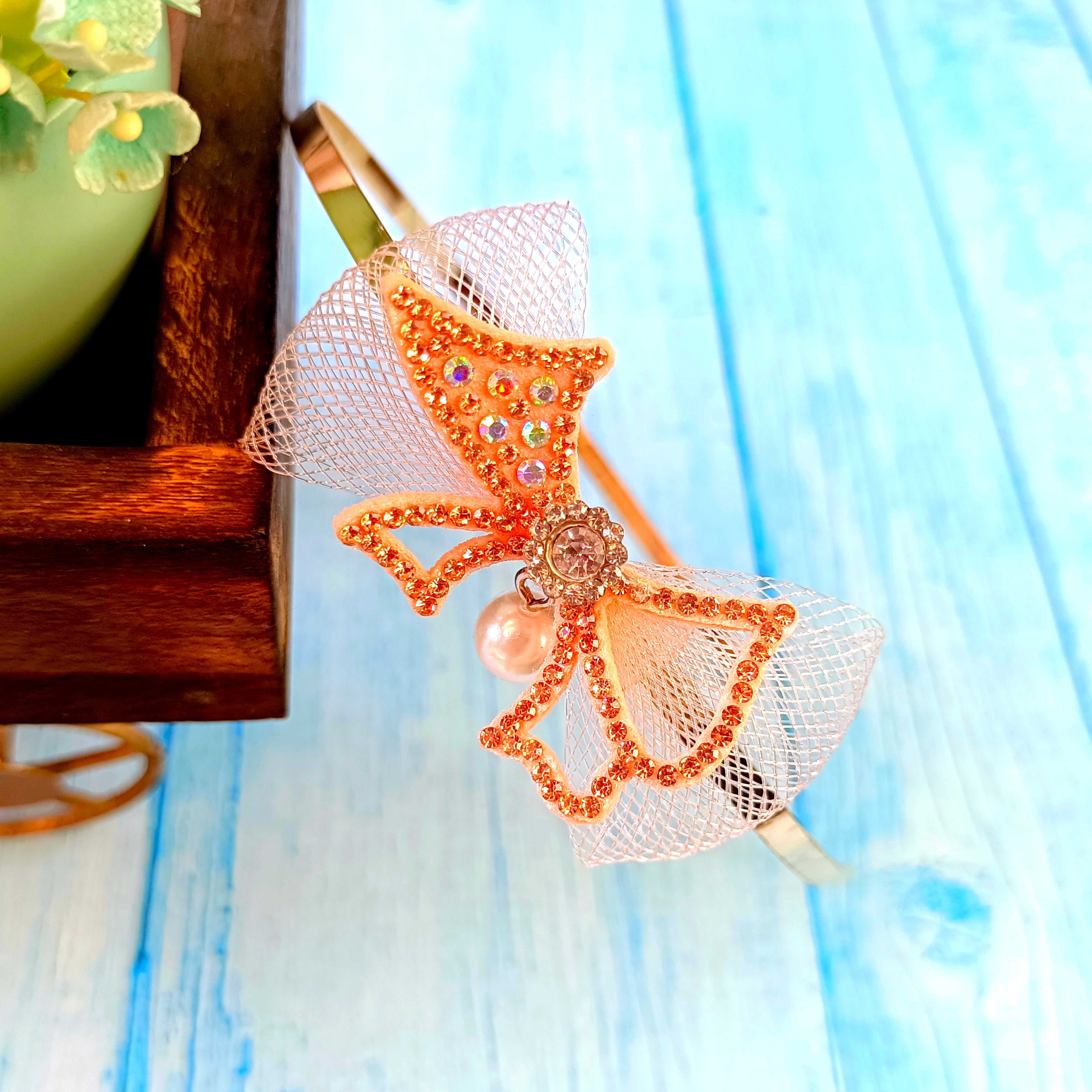 Fancy Bow with Dangling Pearl Headband - Peach