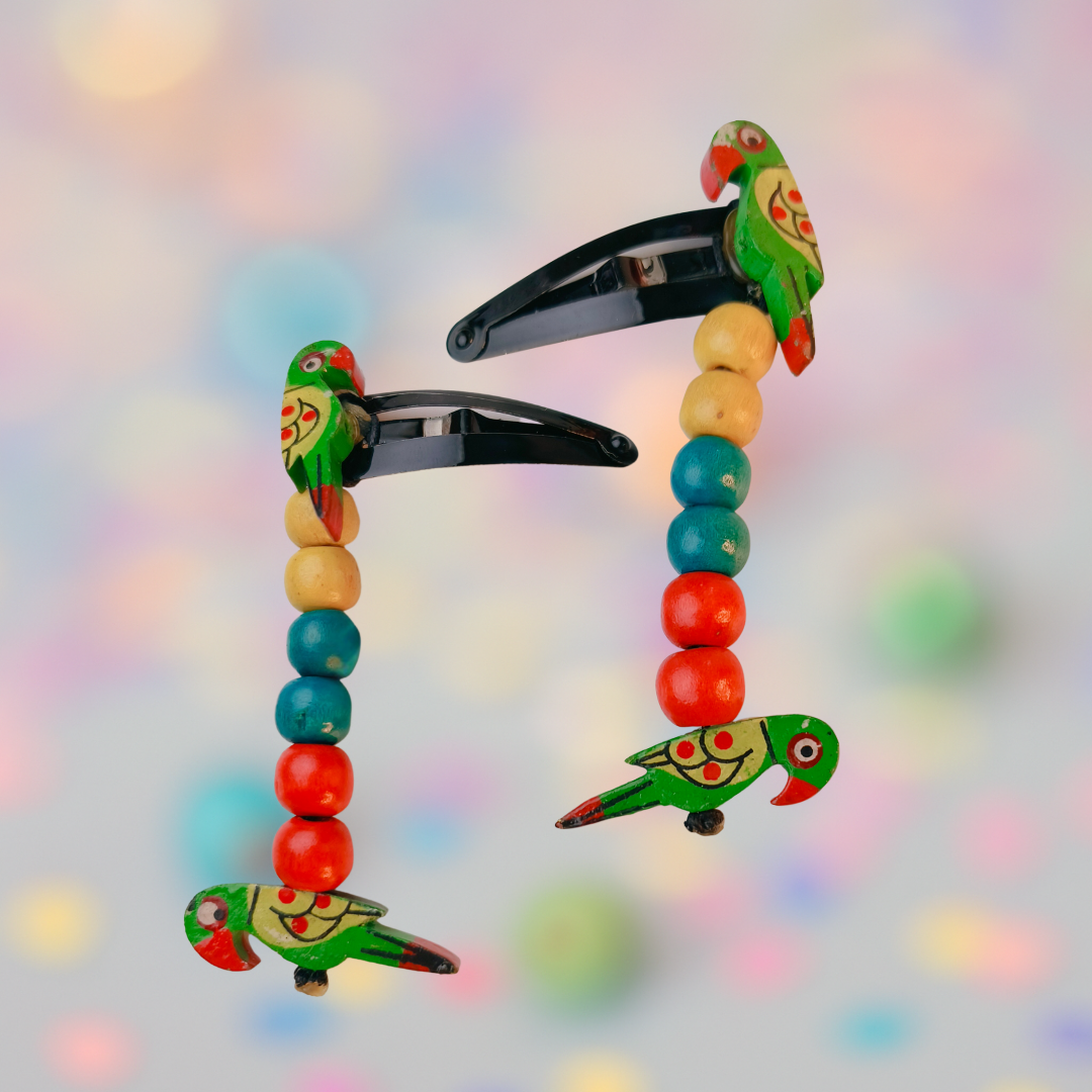 Boho Parrot Snap Clip Pair with Colorful Beads - Green