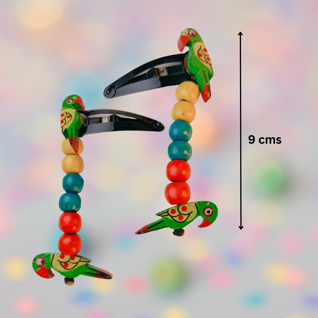 Boho Parrot Snap Clip Pair with Colorful Beads - Green