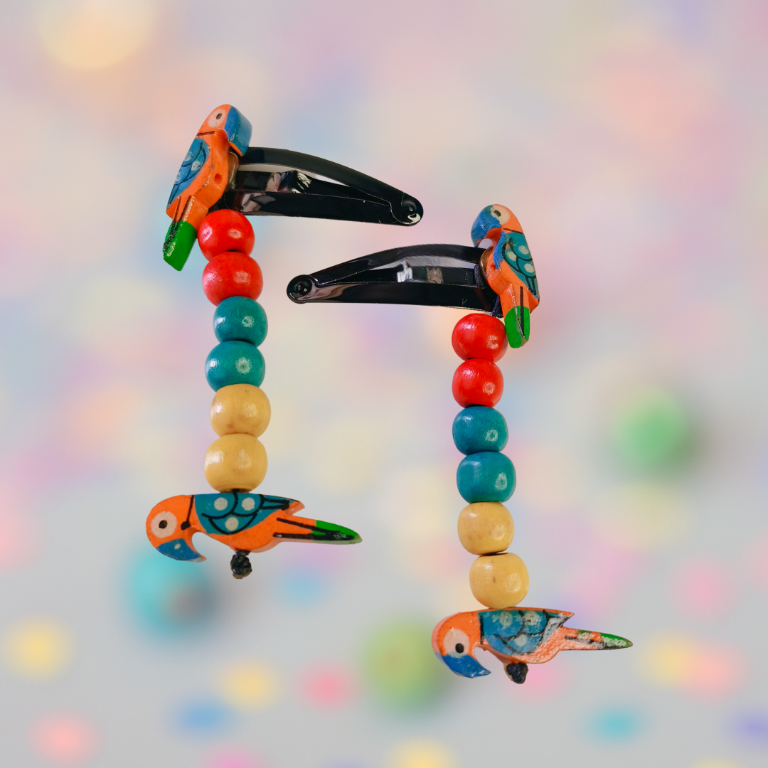 Boho Parrot Snap Clip Pair with Colorful Beads - Orange