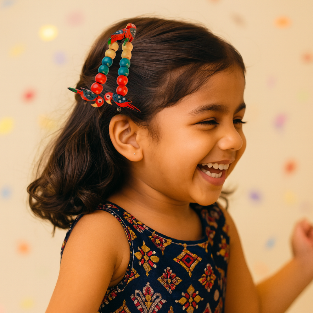 Boho Parrot Snap Clip Pair with Colorful Beads - Red