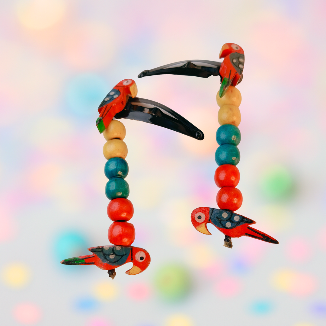 Boho Parrot Snap Clip Pair with Colorful Beads - Red