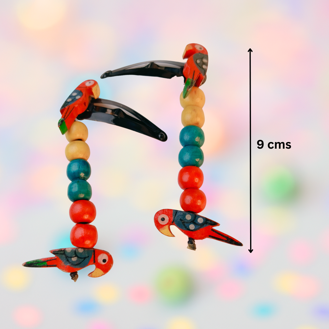 Boho Parrot Snap Clip Pair with Colorful Beads - Red
