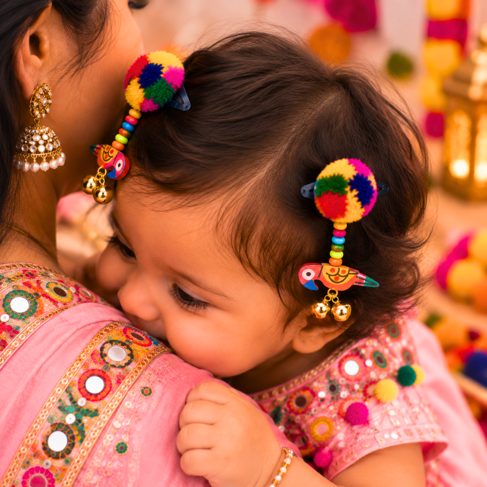 Navratri Parrot & Pompom Snap-On Clips – Pink