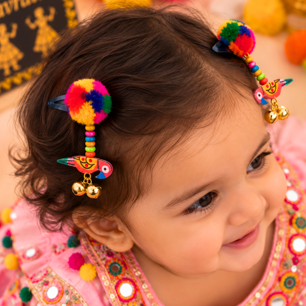 Navratri Parrot & Pompom Snap-On Clips – Pink