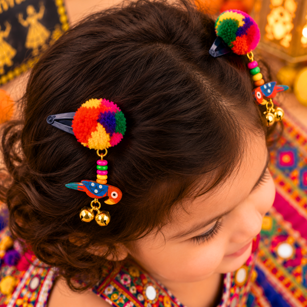 Navratri Parrot & Pompom Snap-On Clips – Orange