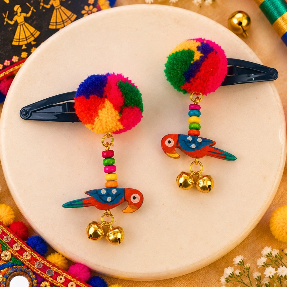 Navratri Parrot & Pompom Snap-On Clips – Orange