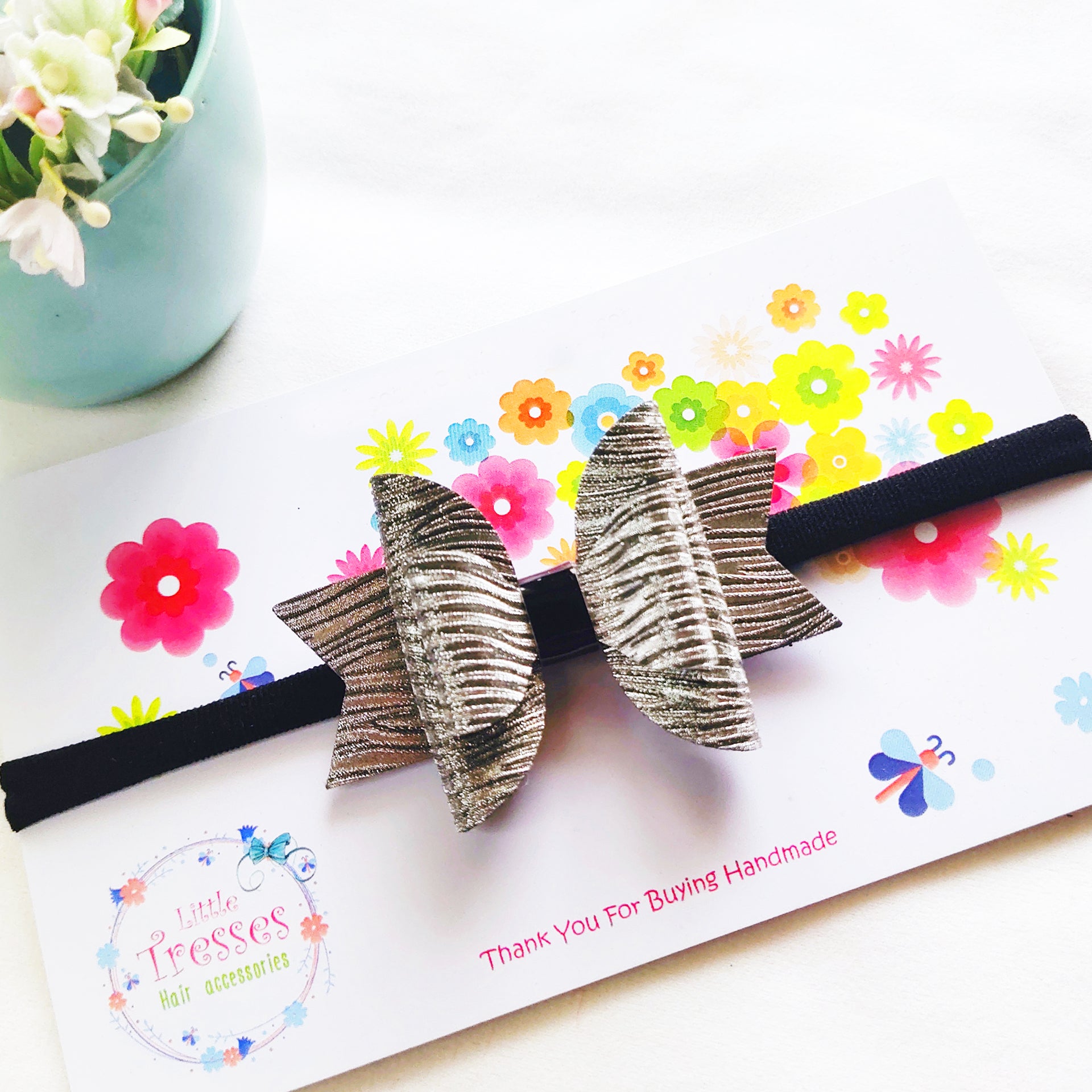 Small Layered Waves Bow Headband - Metallic Black