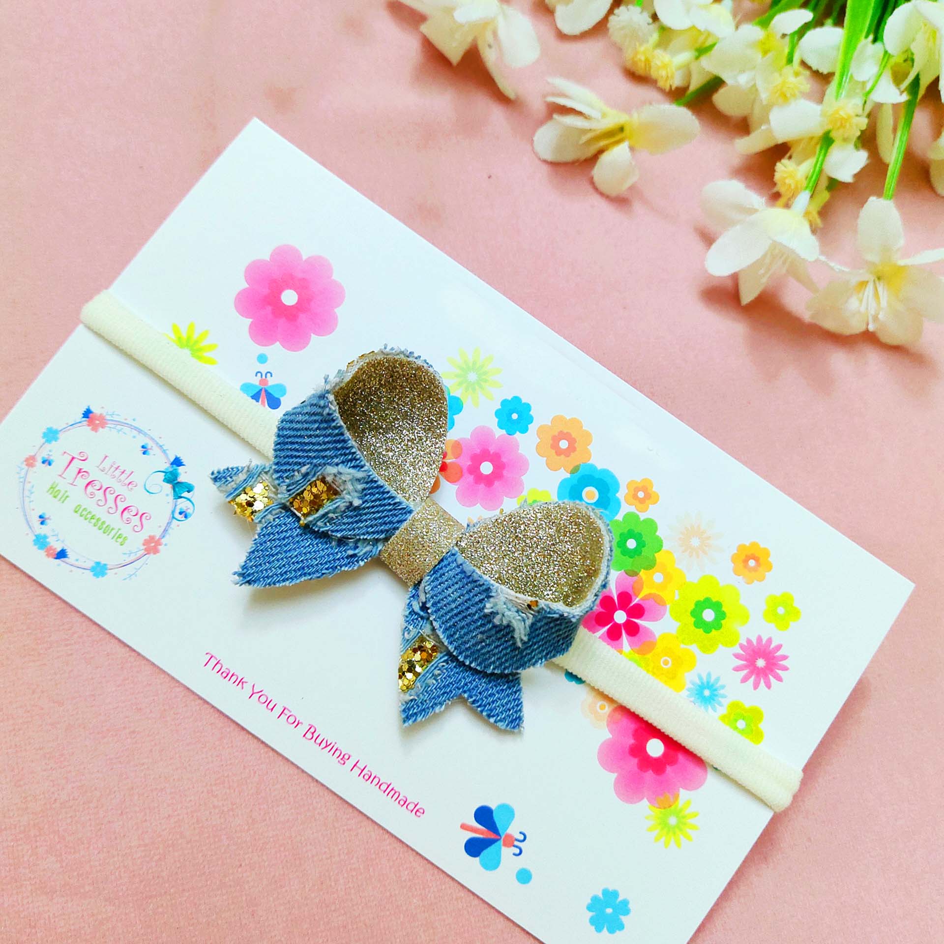 Denim Loopy Bow Stretchable Headband - Light Blue