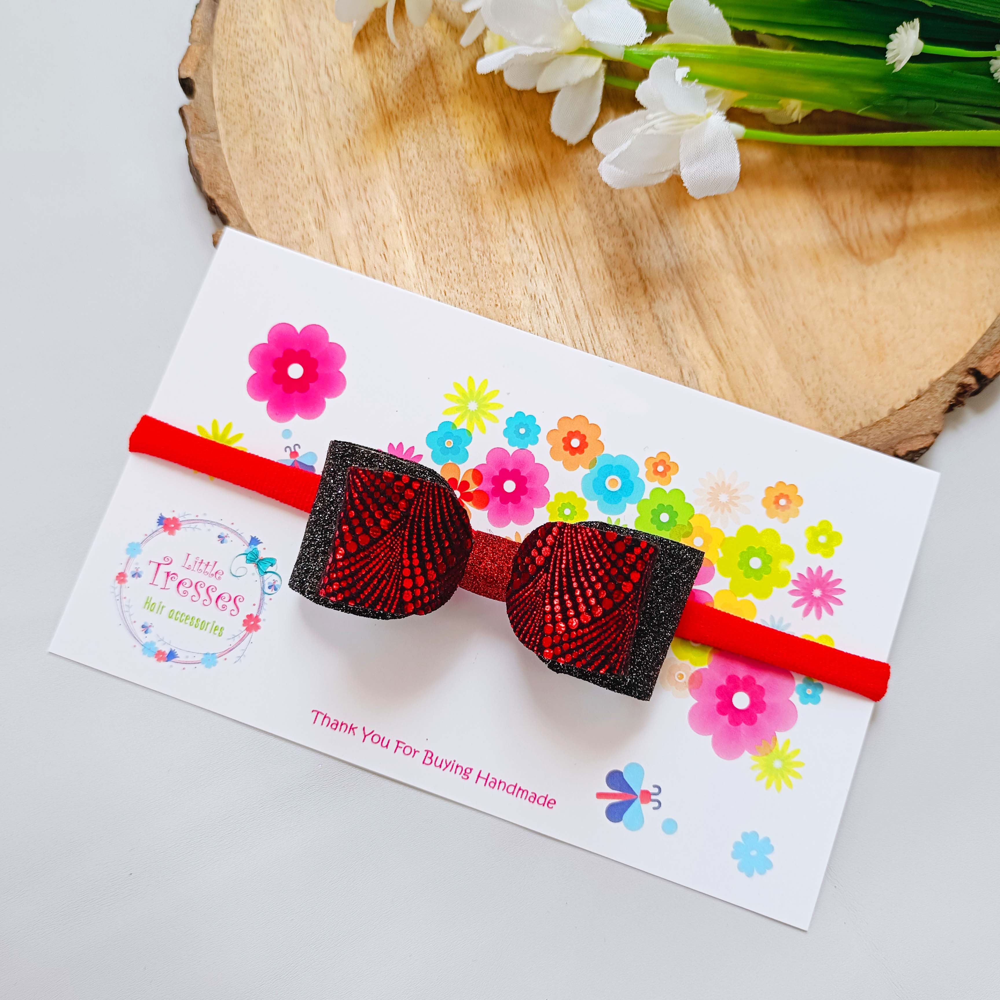 Red & Black Double Layered Rectangular Bow Soft Stretchable headband