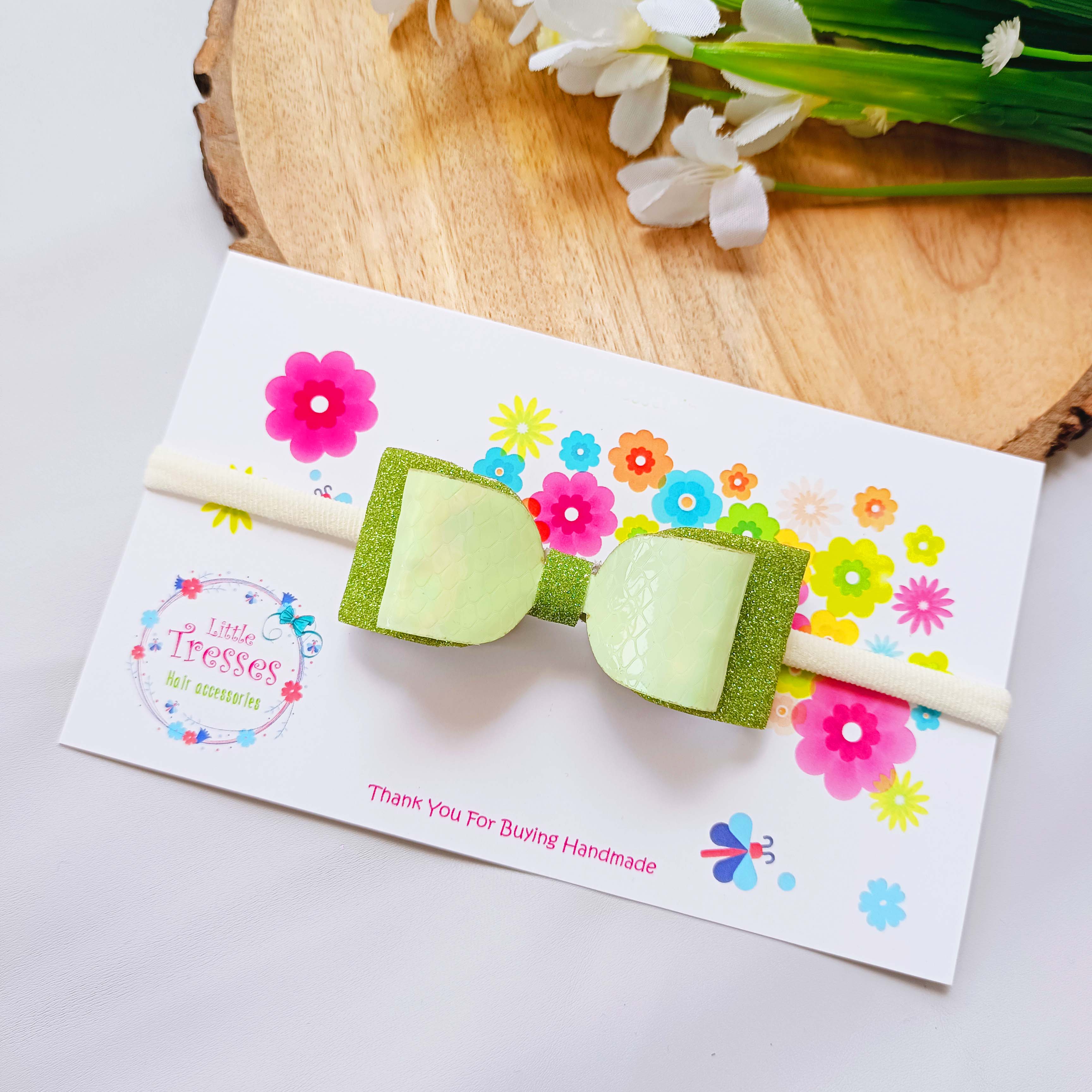 Parrot Green Double Layered Rectangular Bow Soft Stretchable headband