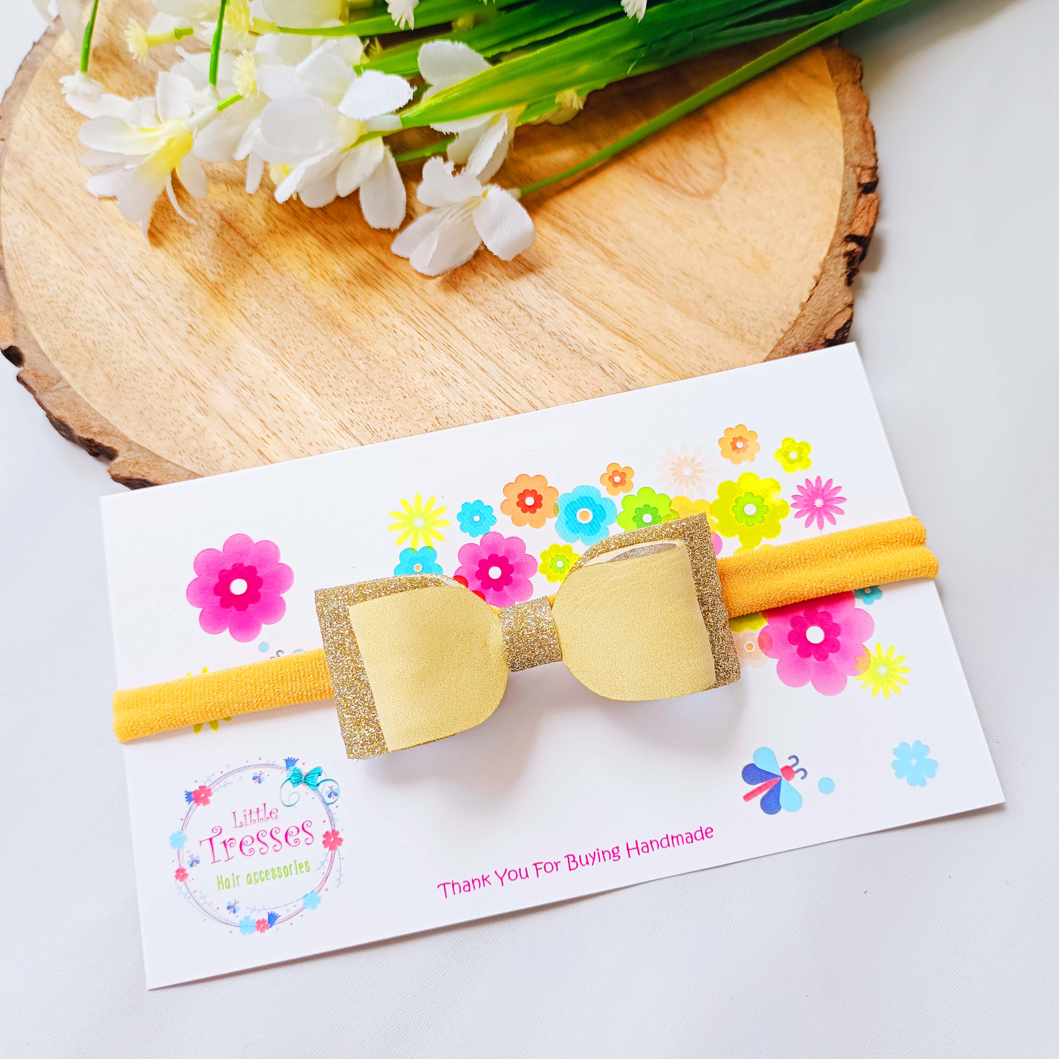 Yellow Double Layered Rectangular Bow Soft Stretchable headband