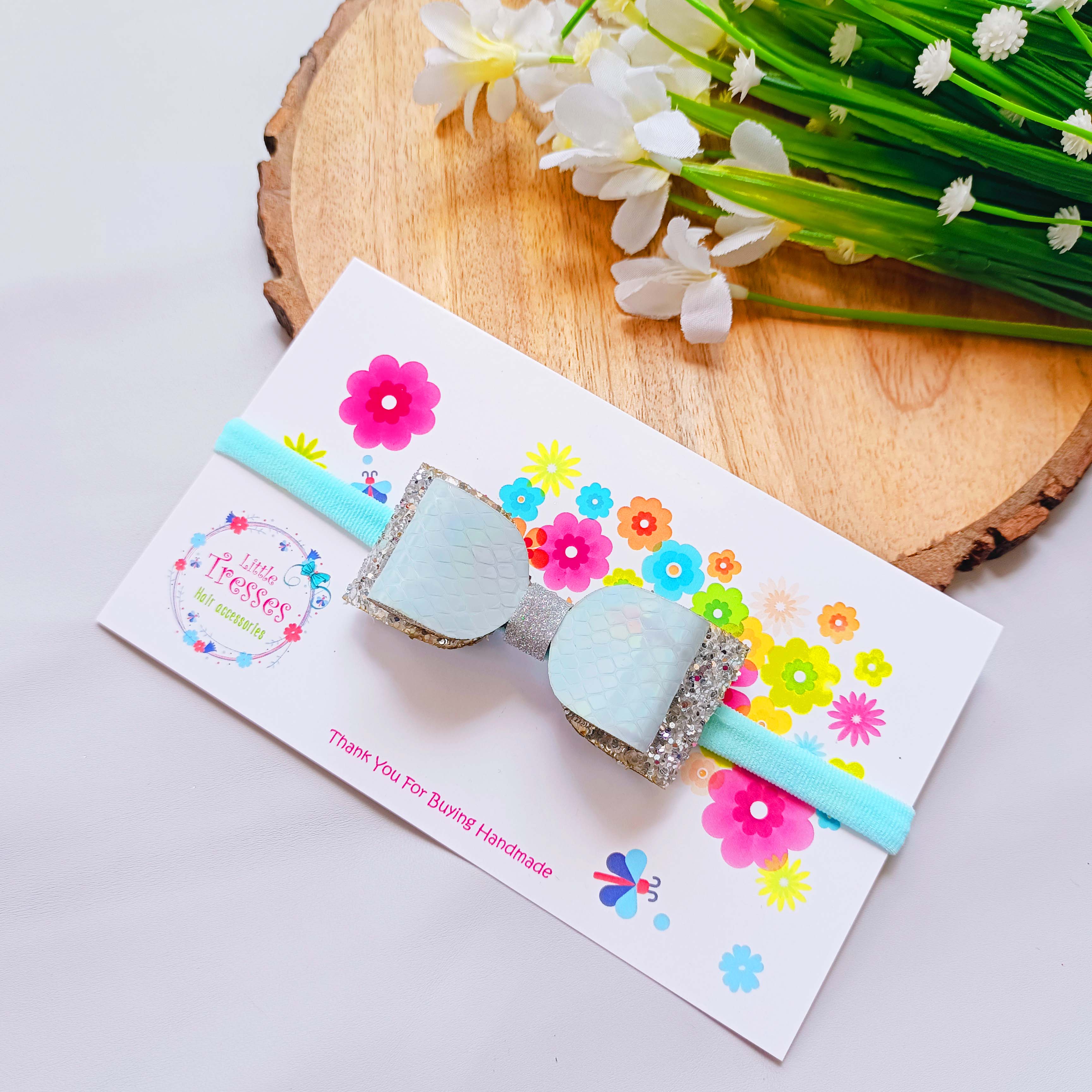 Light Blue Double Layered Rectangular Bow  Soft Stretchable headband