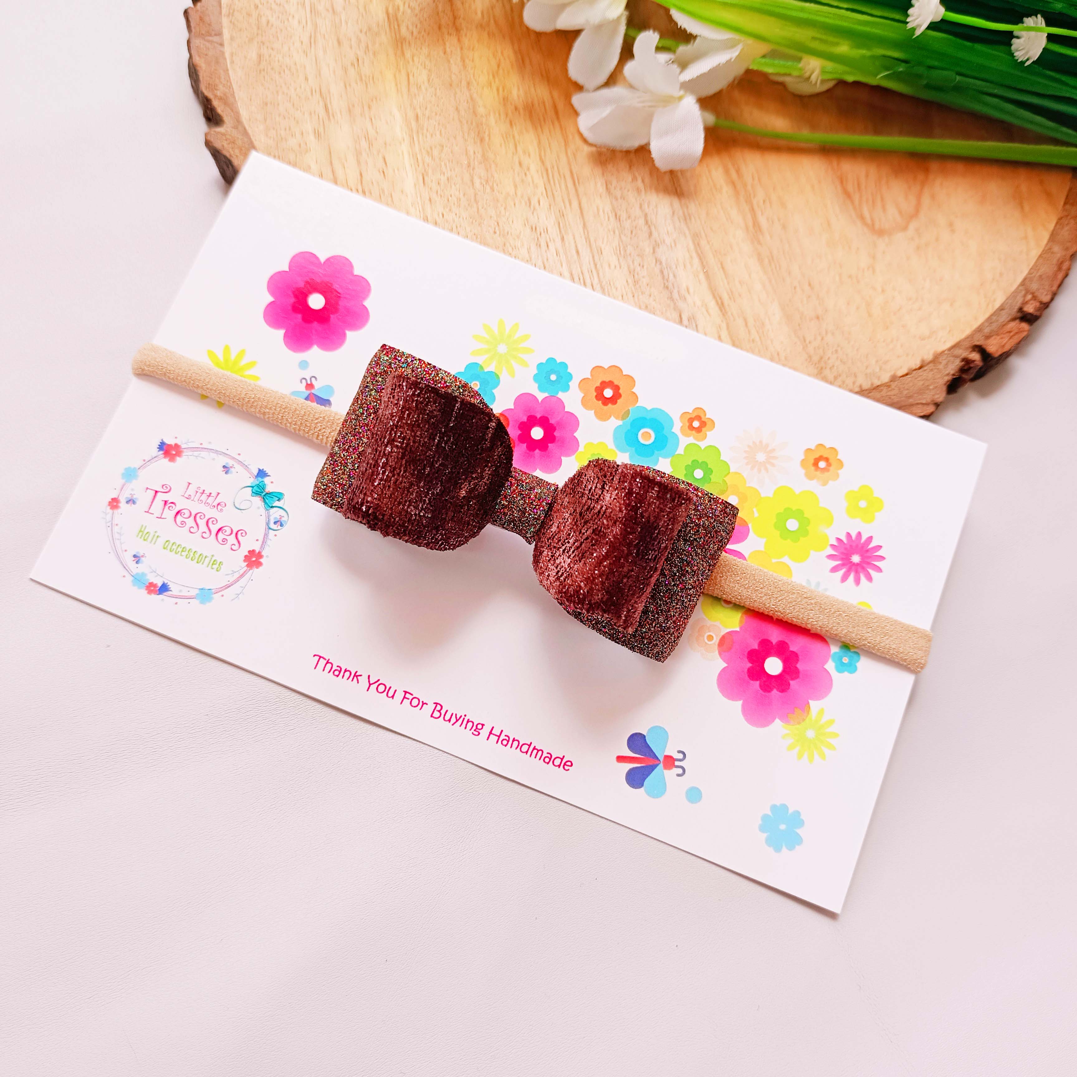 Dark Brown Double Layered Rectangular Bow Soft Stretchable headband