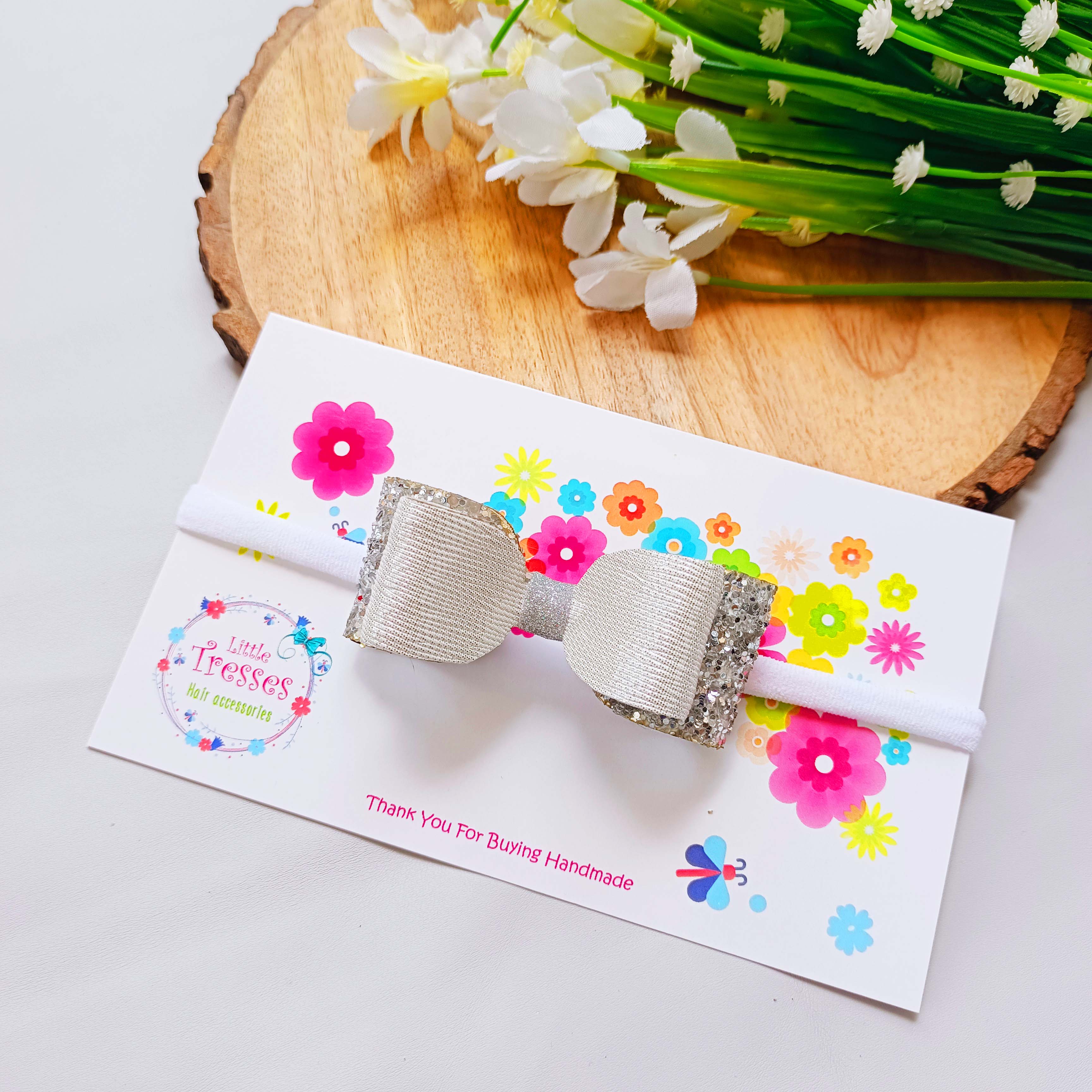 White & Silver Double Layered Rectangular Bow  Soft Stretchable headband