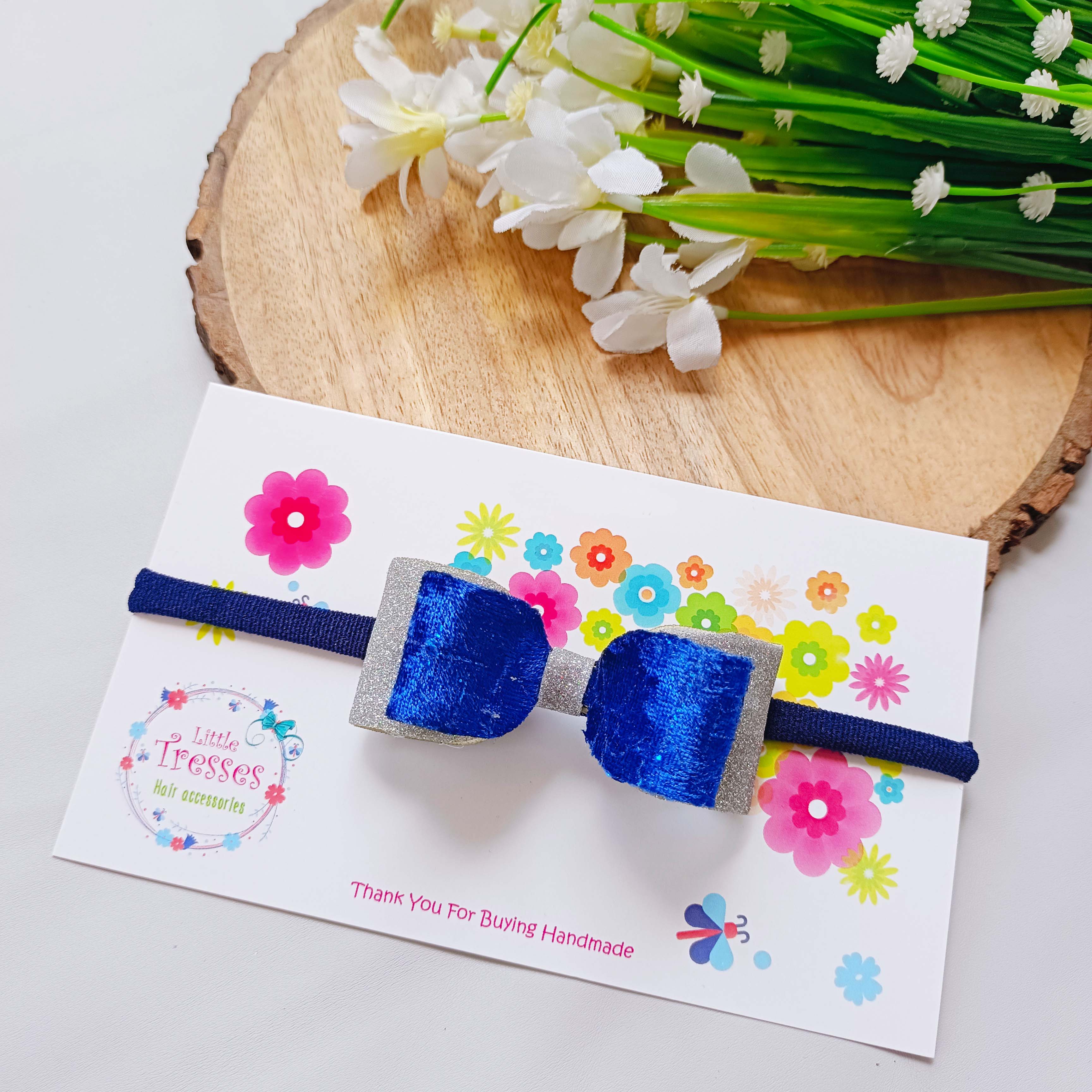 Dark Blue Double Layered Rectangular Bow  Soft Stretchable headband