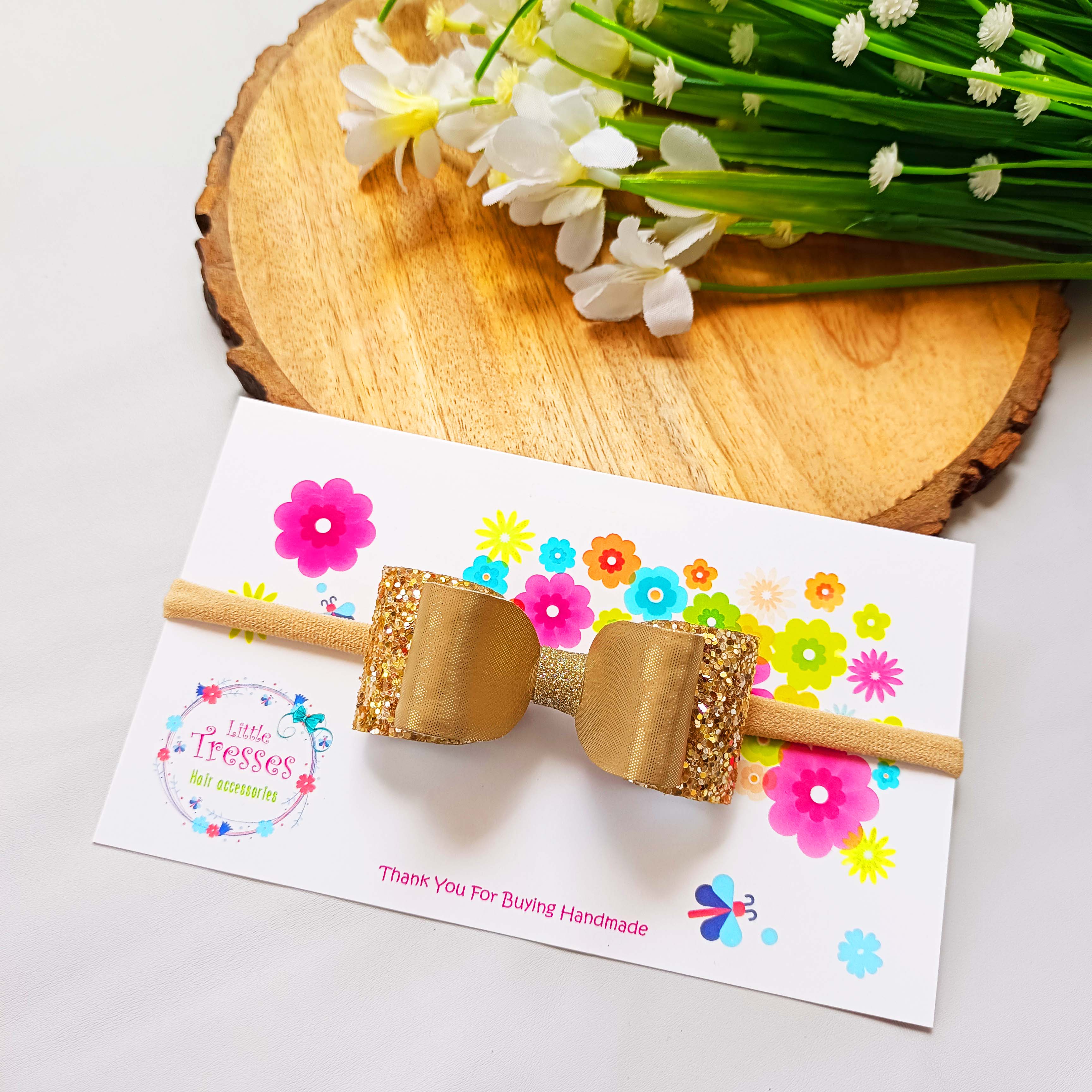 Golden Double Layered Rectangular Bow Soft Stretchable headband