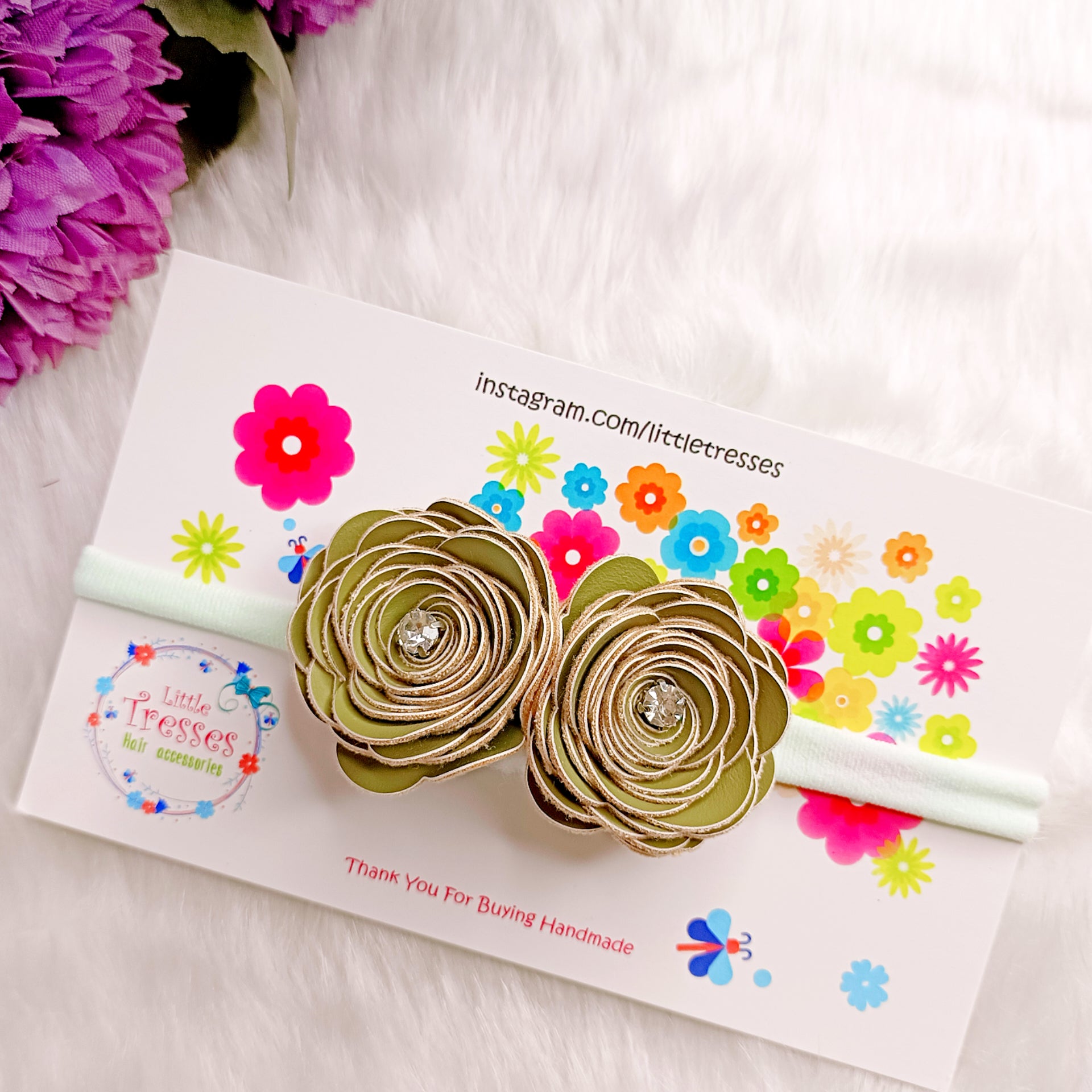 Green Twin Big Roses Soft Headband