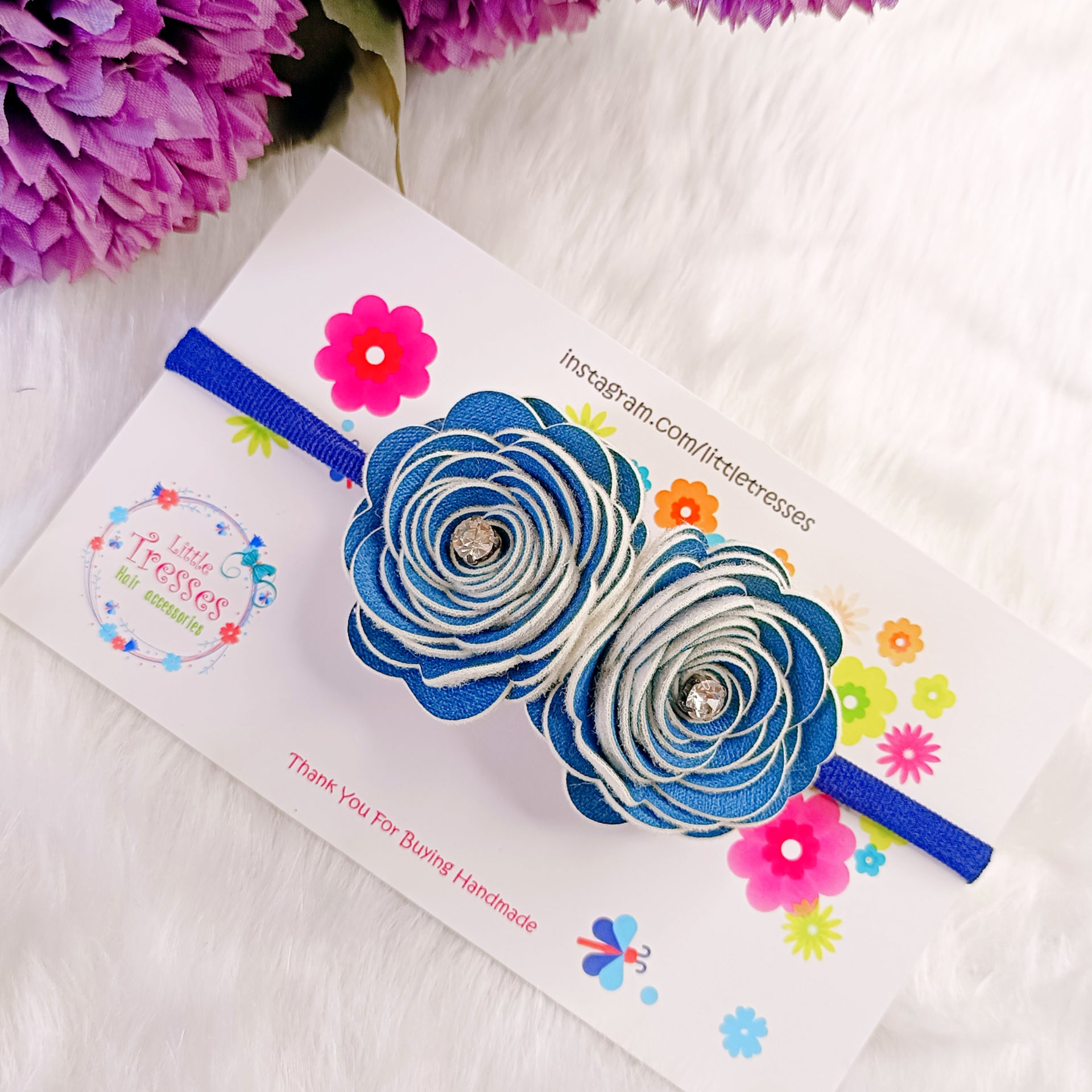 Dark Blue Twin Big Roses  Soft  Headband