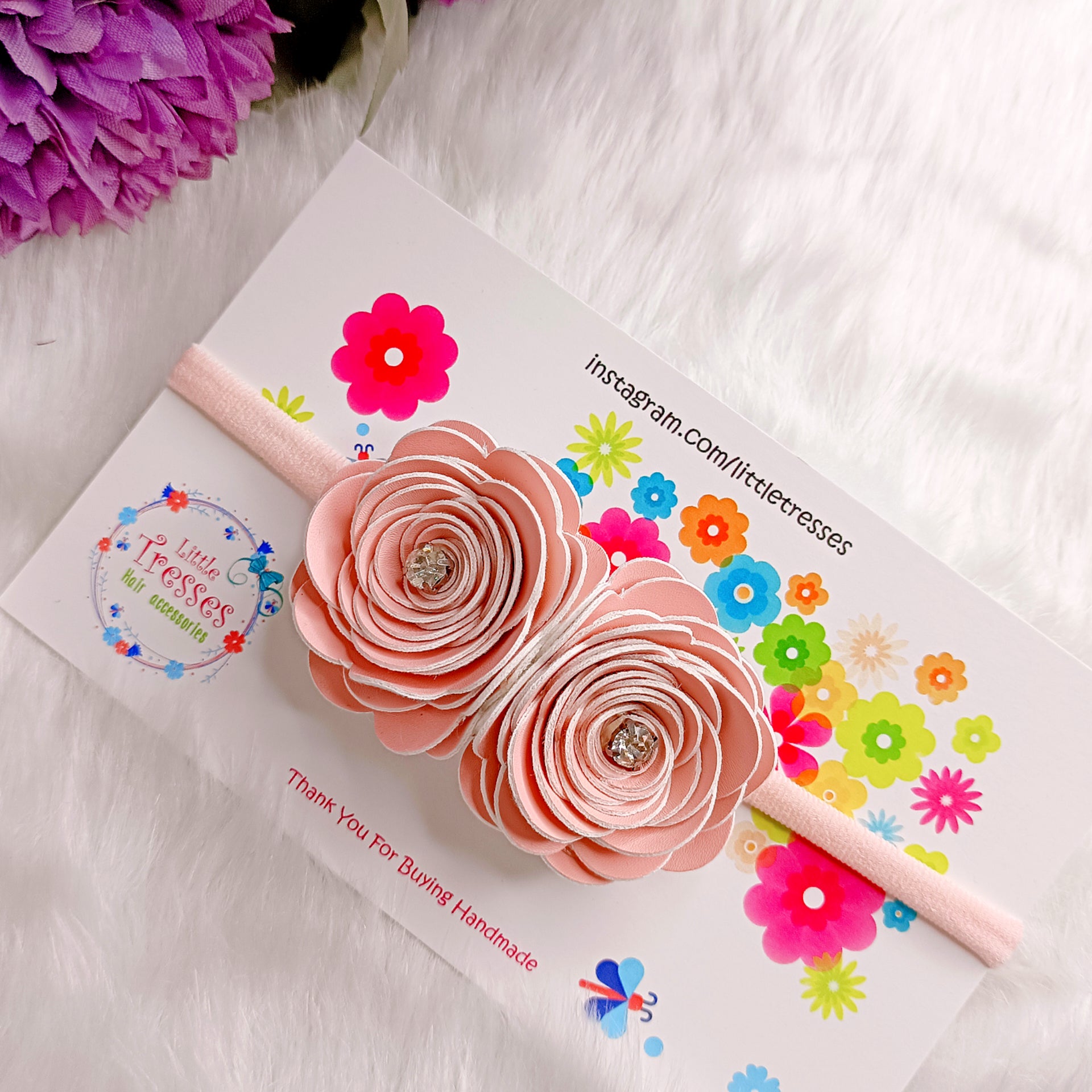 Twin Big Roses Headband - Light Pink