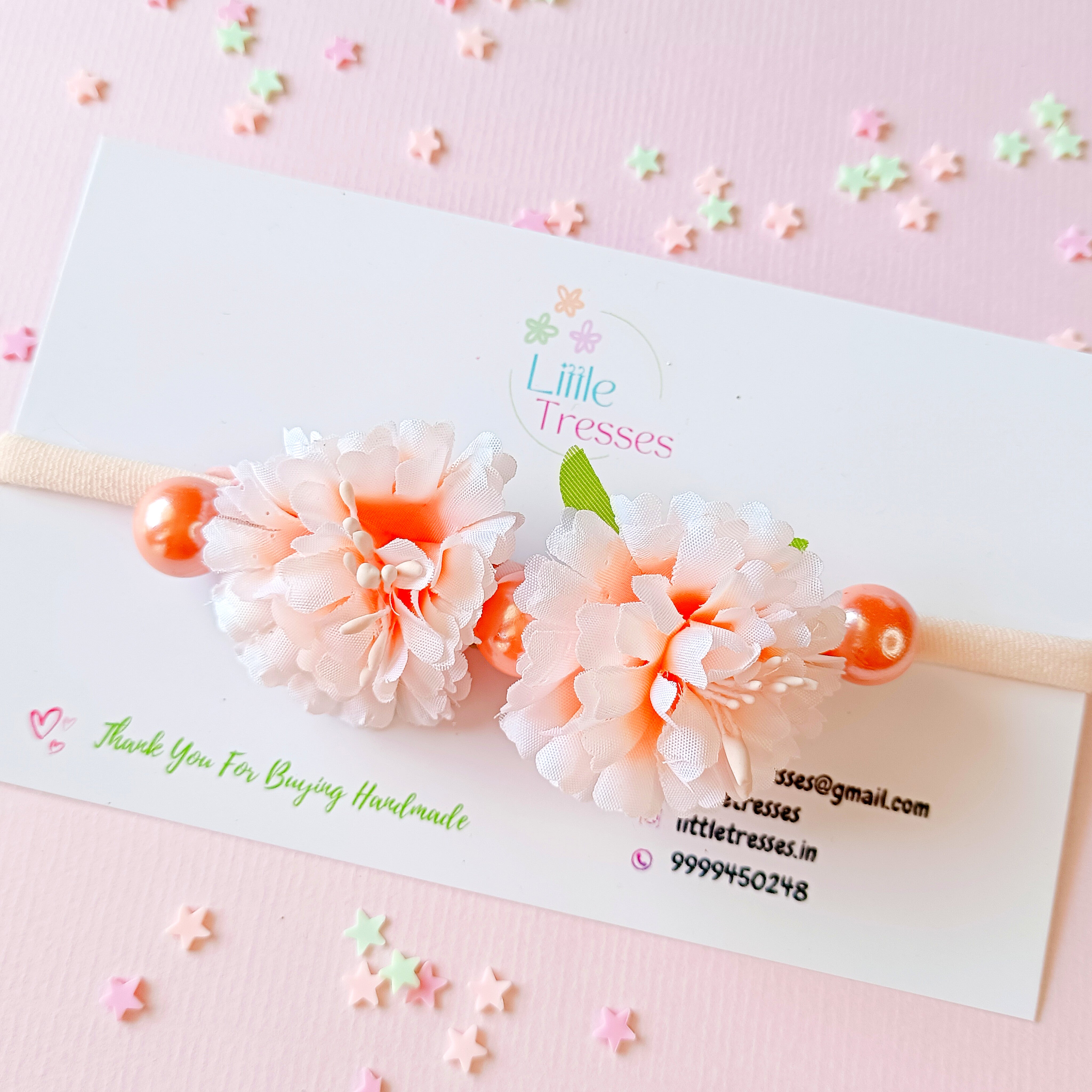 Designer Twin Flowers with Cherry Balls Soft Stretchable Headband - Peach