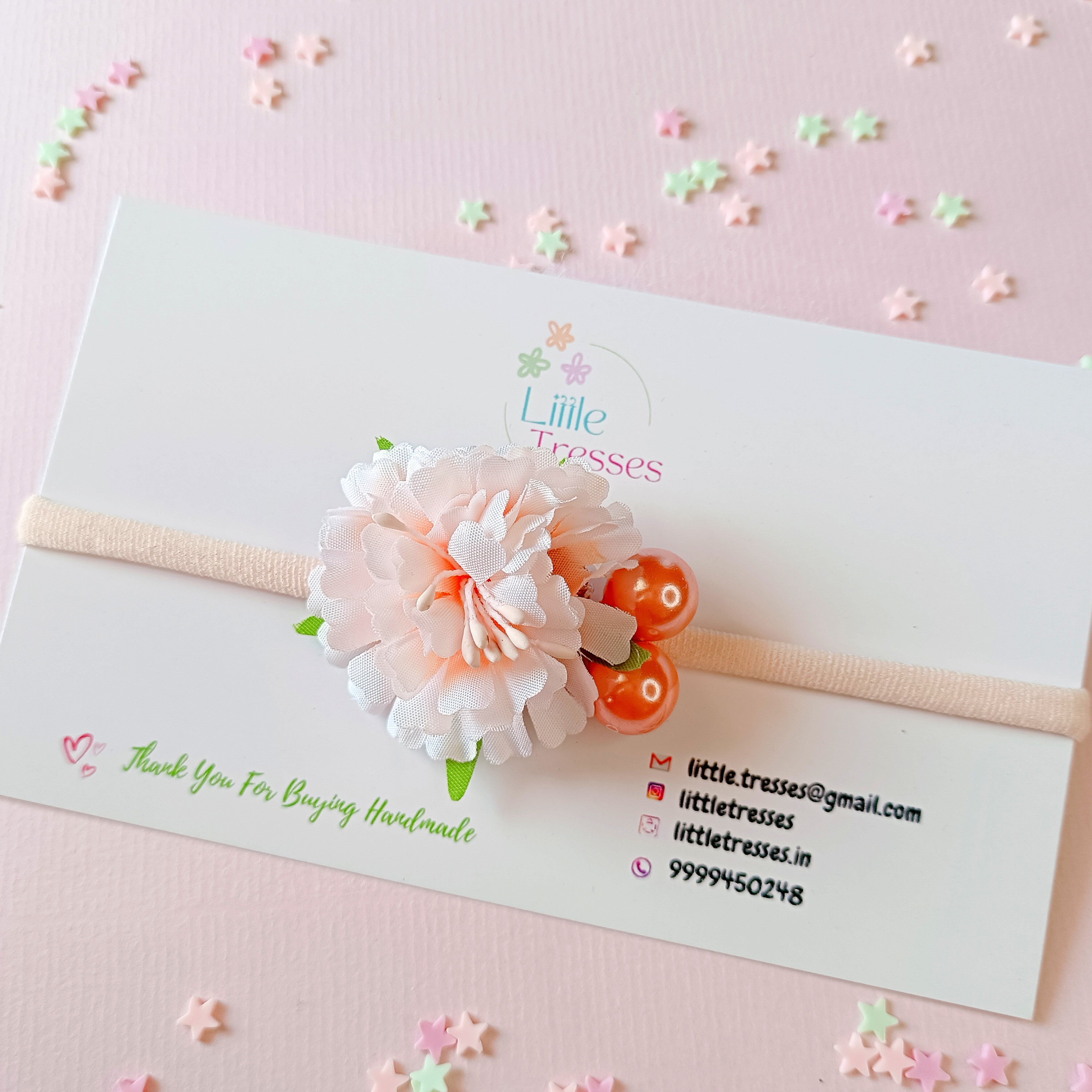 Designer Flower with Cherry Ball Soft Stretchable Headband - Peach