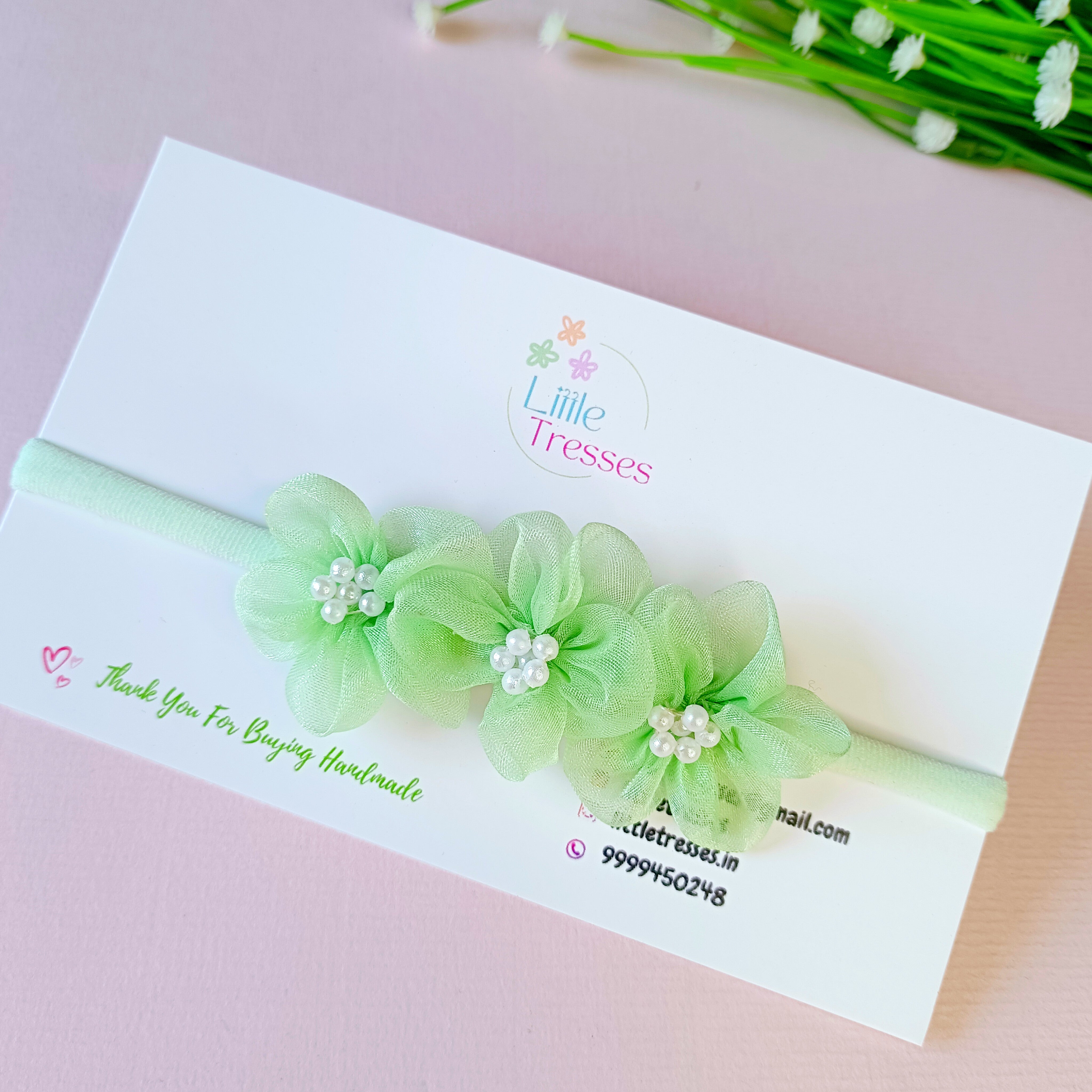 Trio Flowers with beads Soft Stretchable Headband - Mint Green