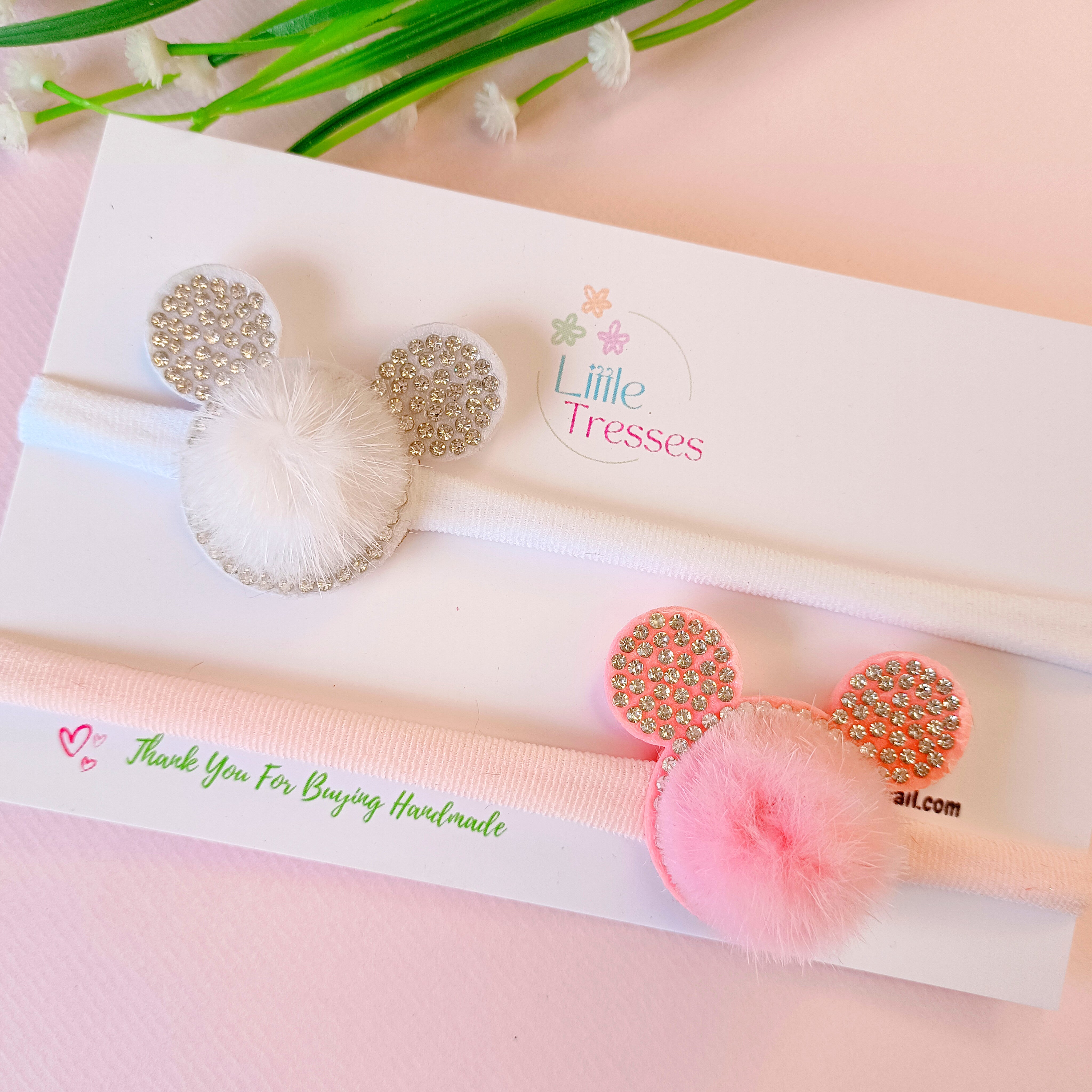 Combo of 2 Fur Ears Soft Stretchable headband - White, Pink