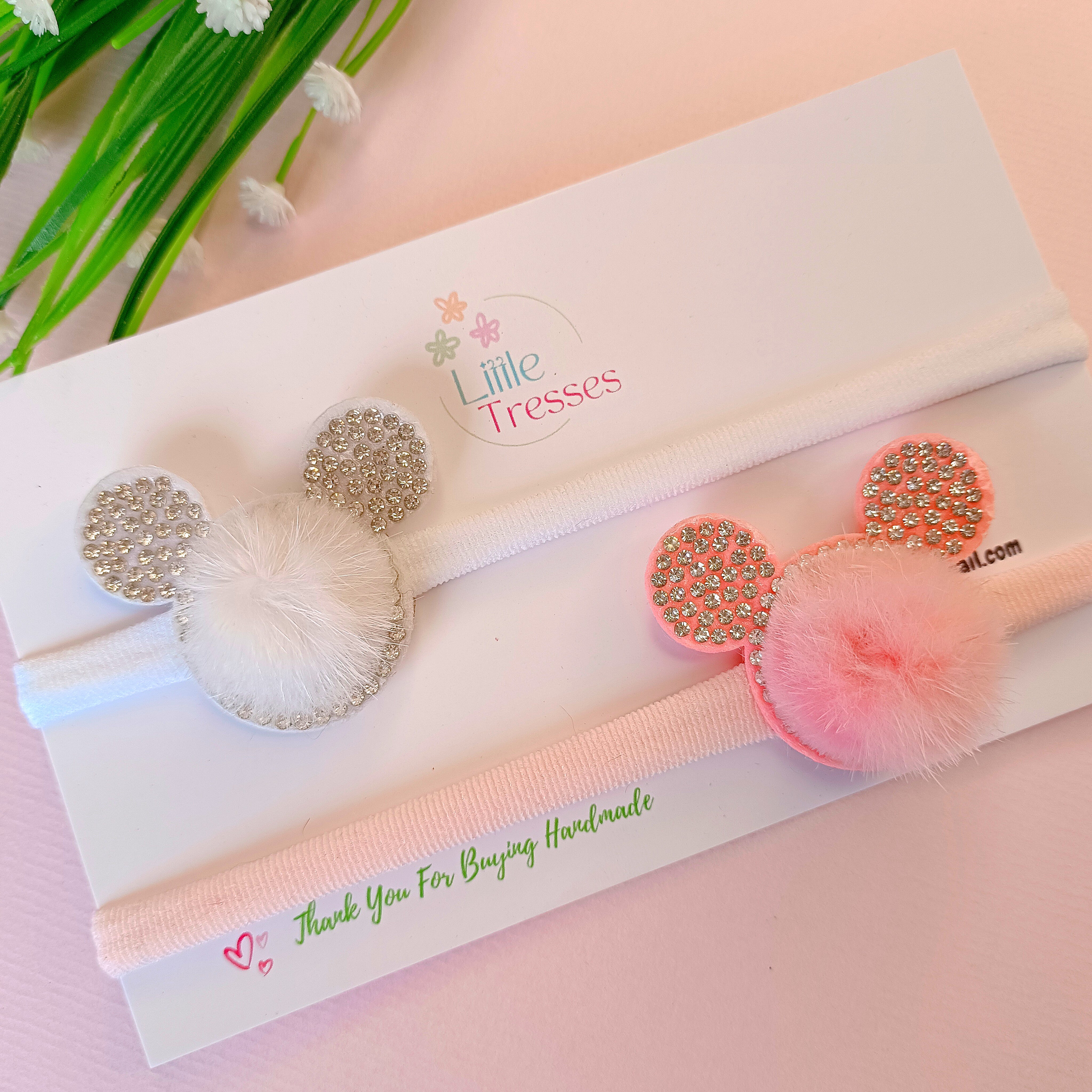 Combo of 2 Fur Ears Soft Stretchable headband - White, Pink