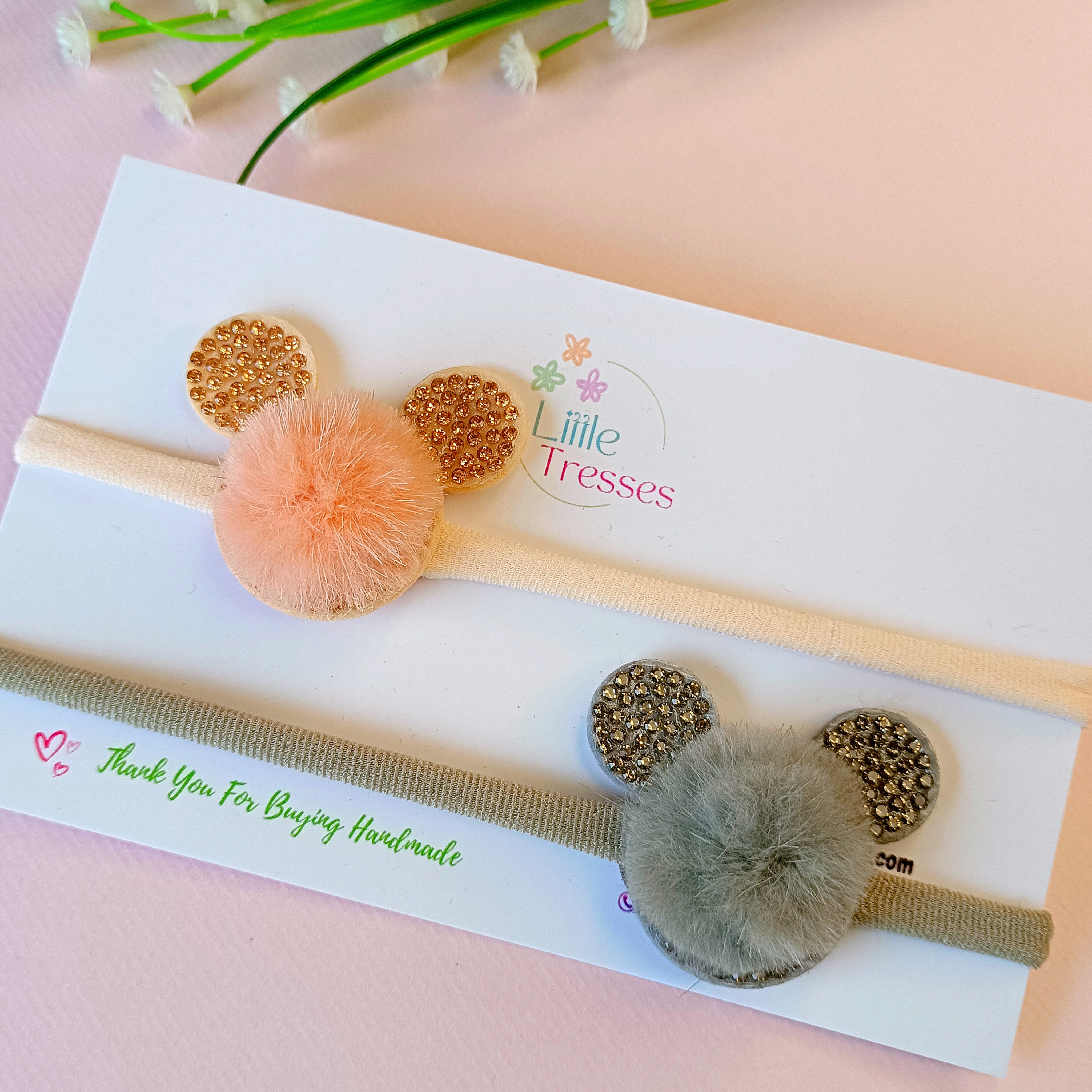 Combo of 2 Fur Ears Soft Stretchable headband - Peach, Grey