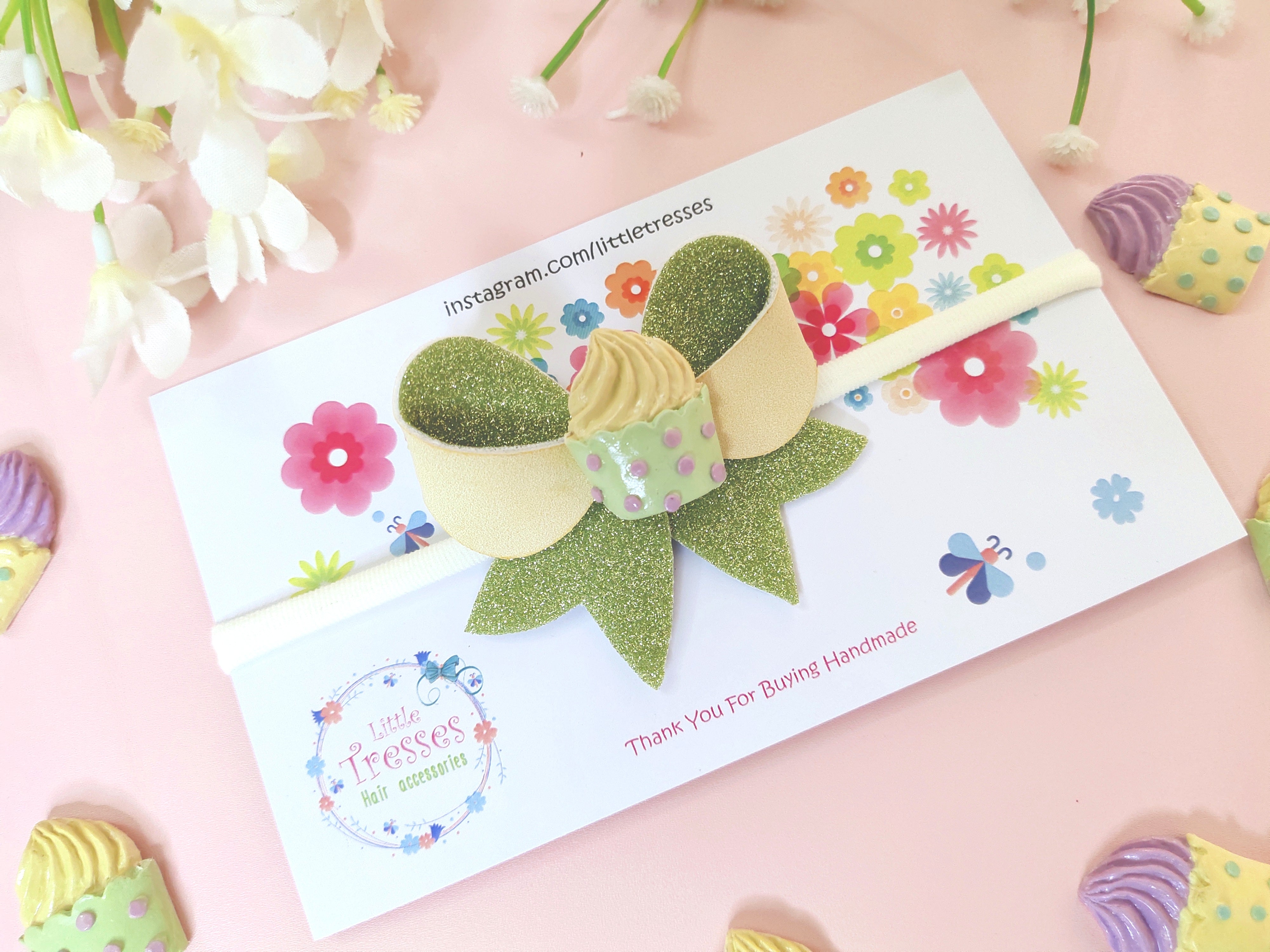 Designer bow baby soft headband with cupcake centerpiece