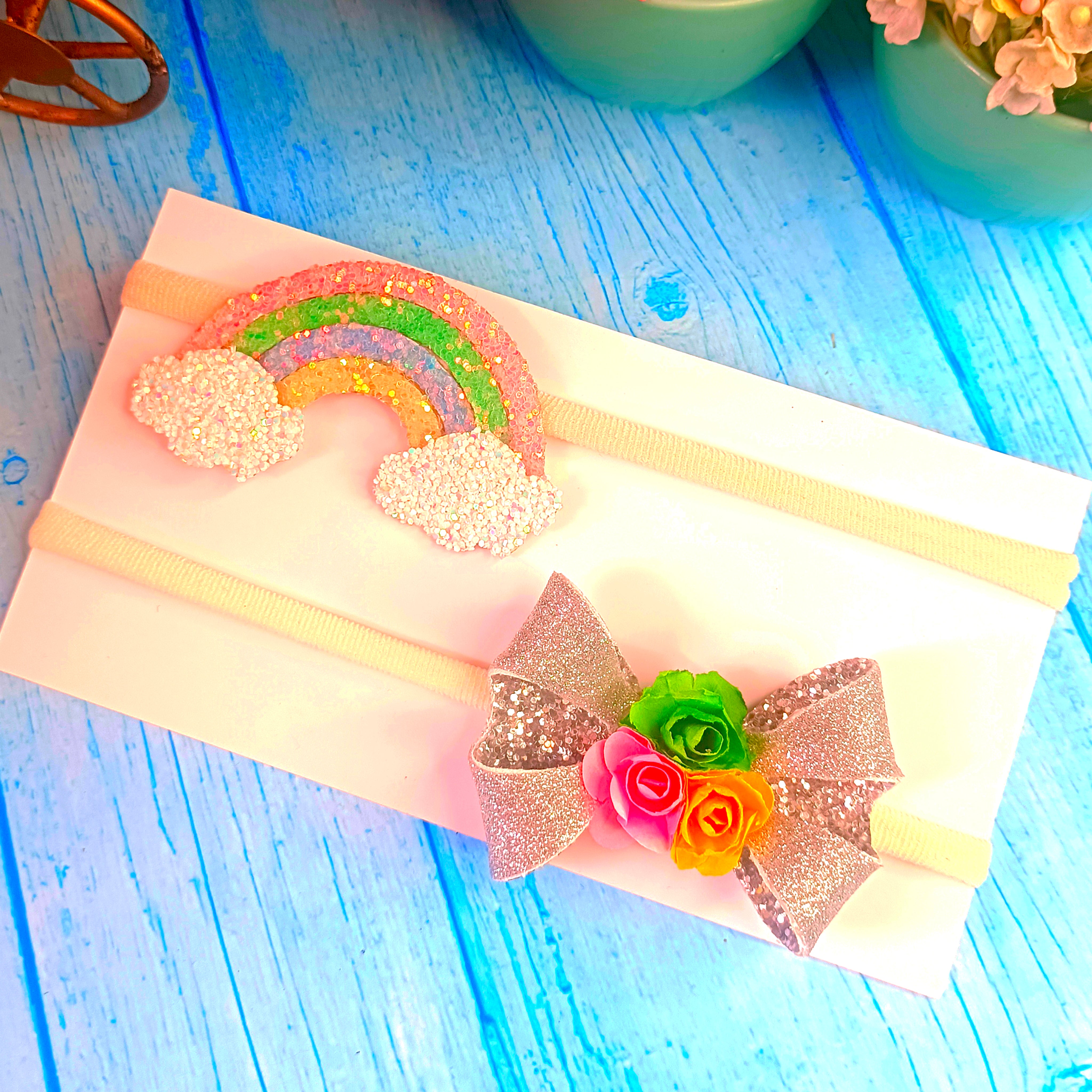 Designer silver bow and rainbow baby soft headband combo