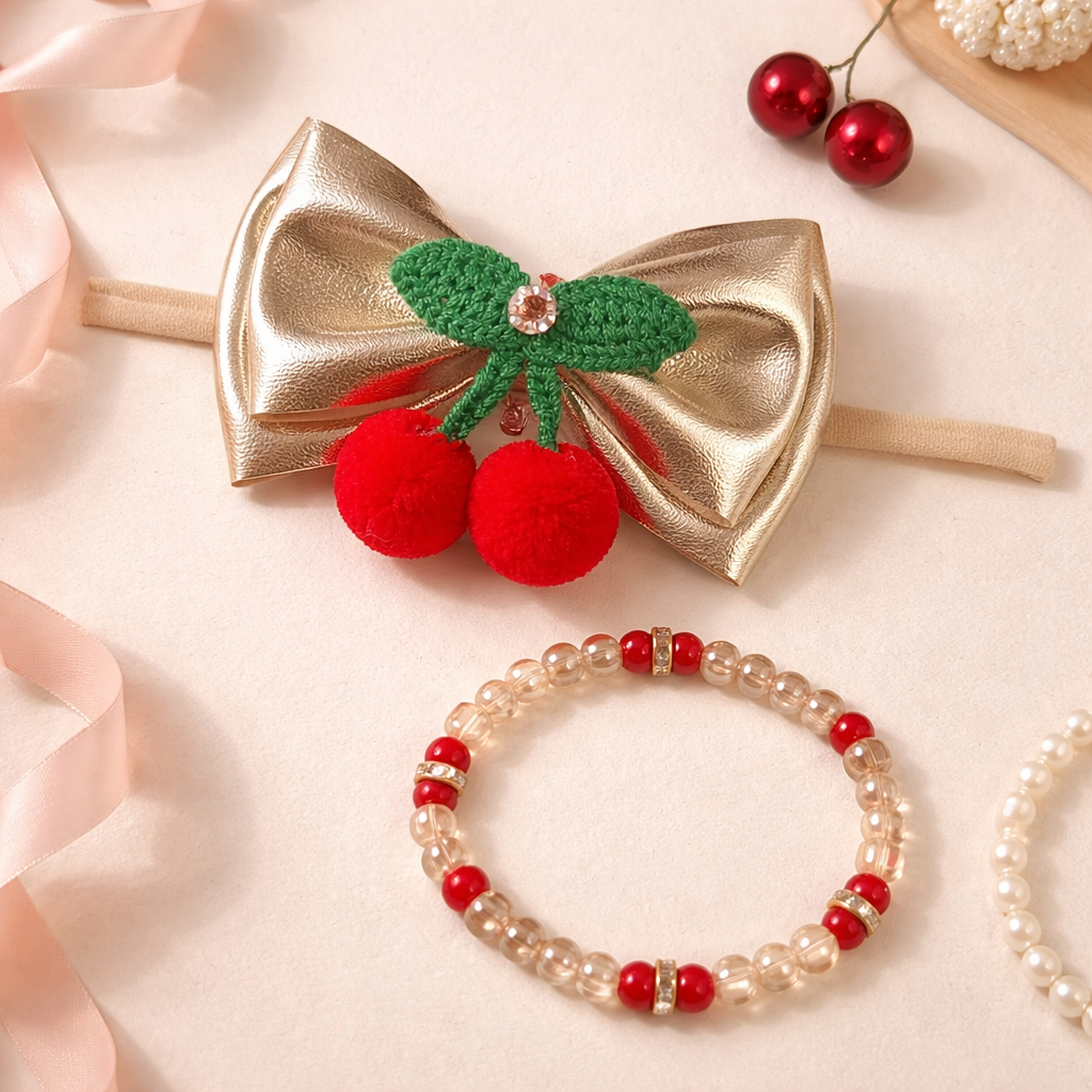 Cherry bow Soft headband with matching Bracelet - Golden