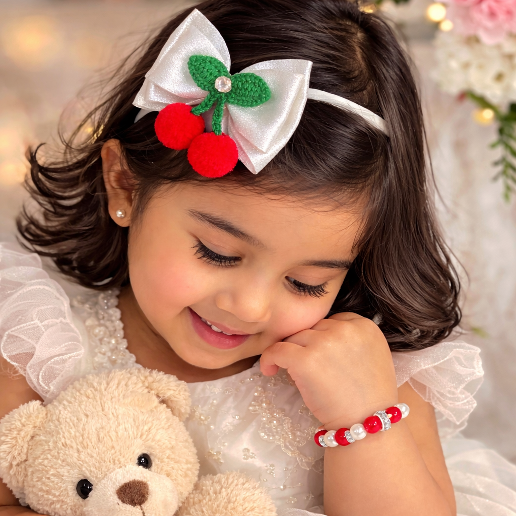 Cherry bow Soft headband with matching Bracelet - White/Silver