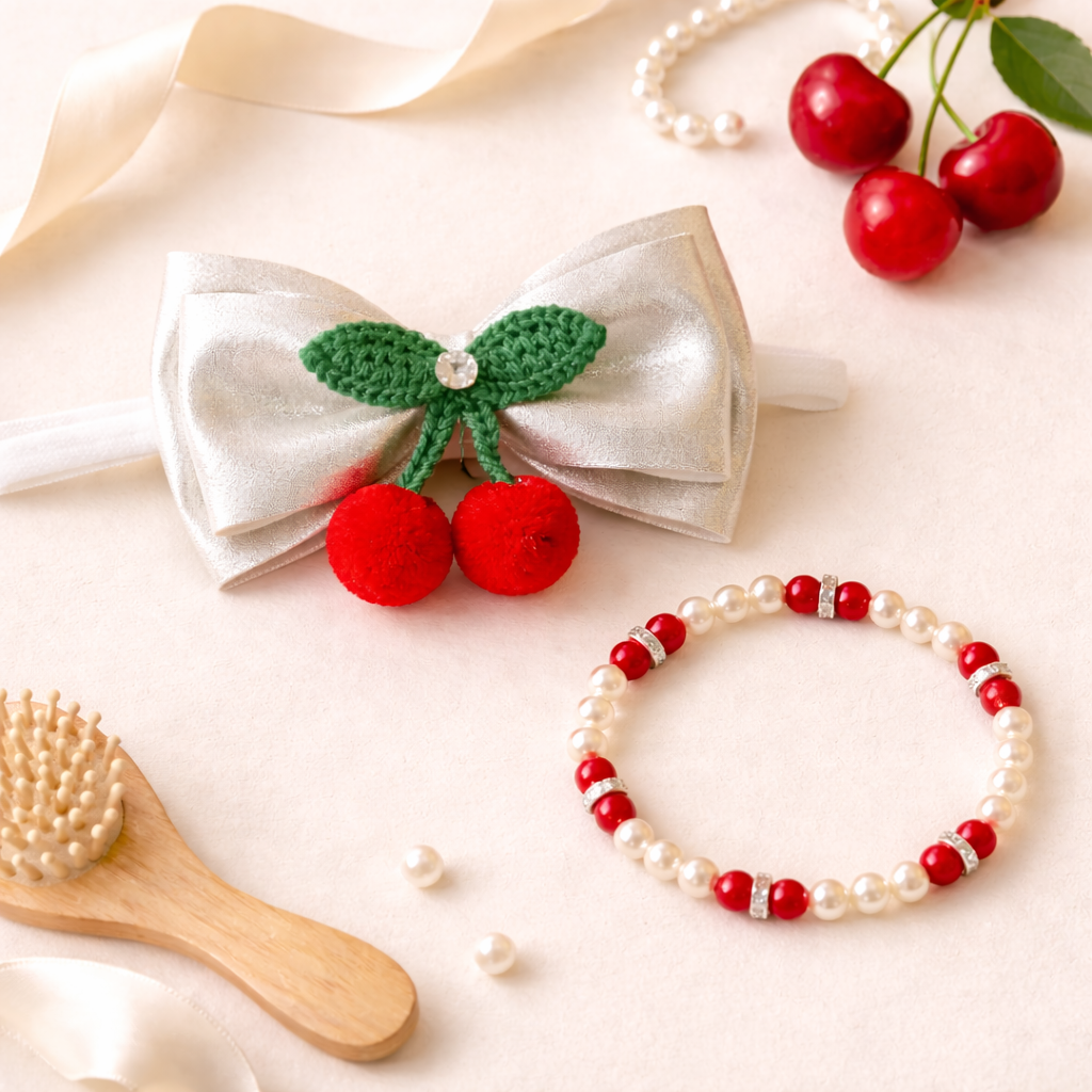 Cherry bow Soft headband with matching Bracelet - White/Silver