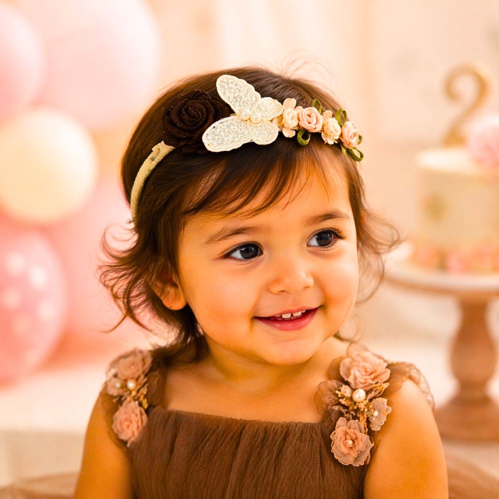 Designer Butterfly Floral Soft Headband - Brown