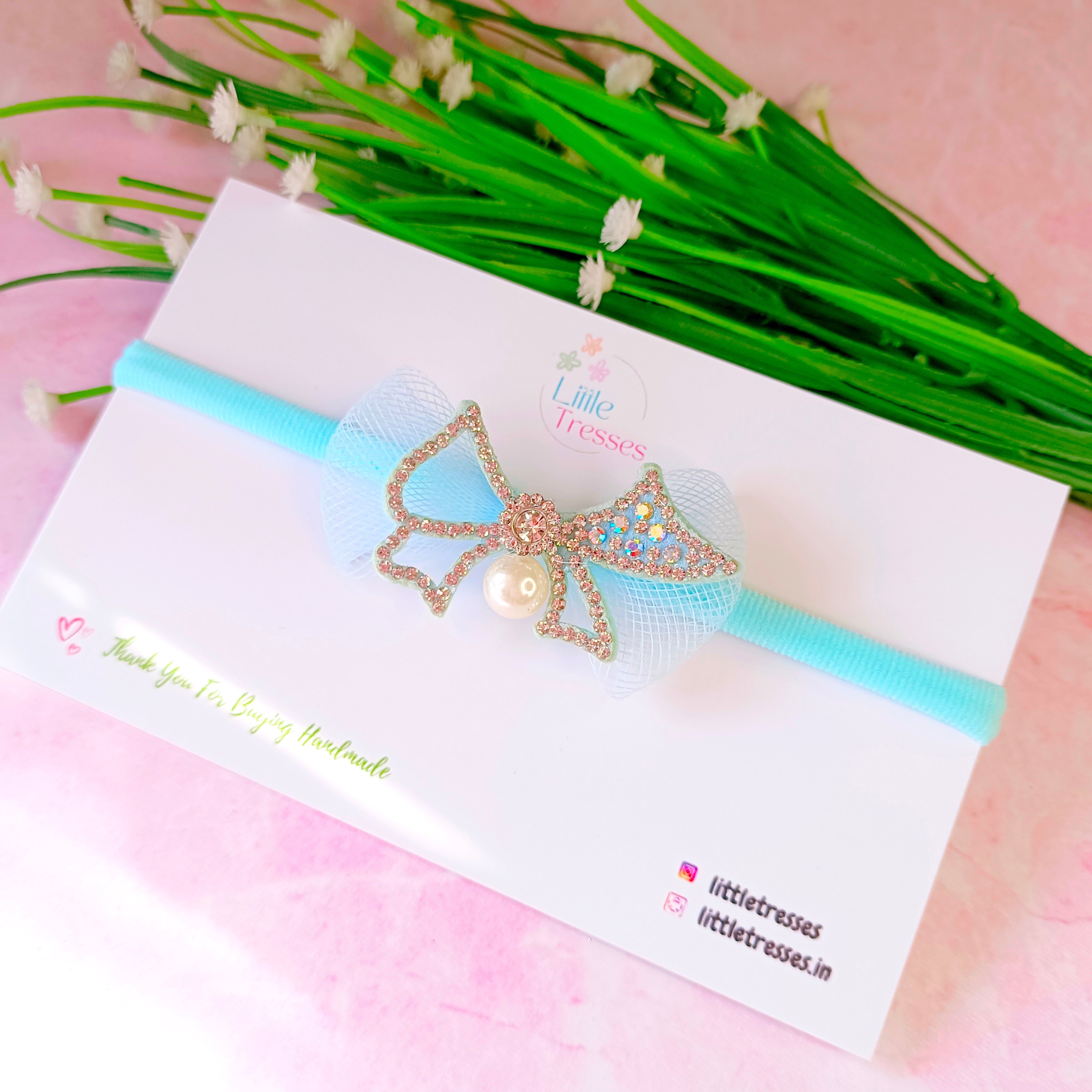 Net Bow with a Pearl Soft Headband - Peach