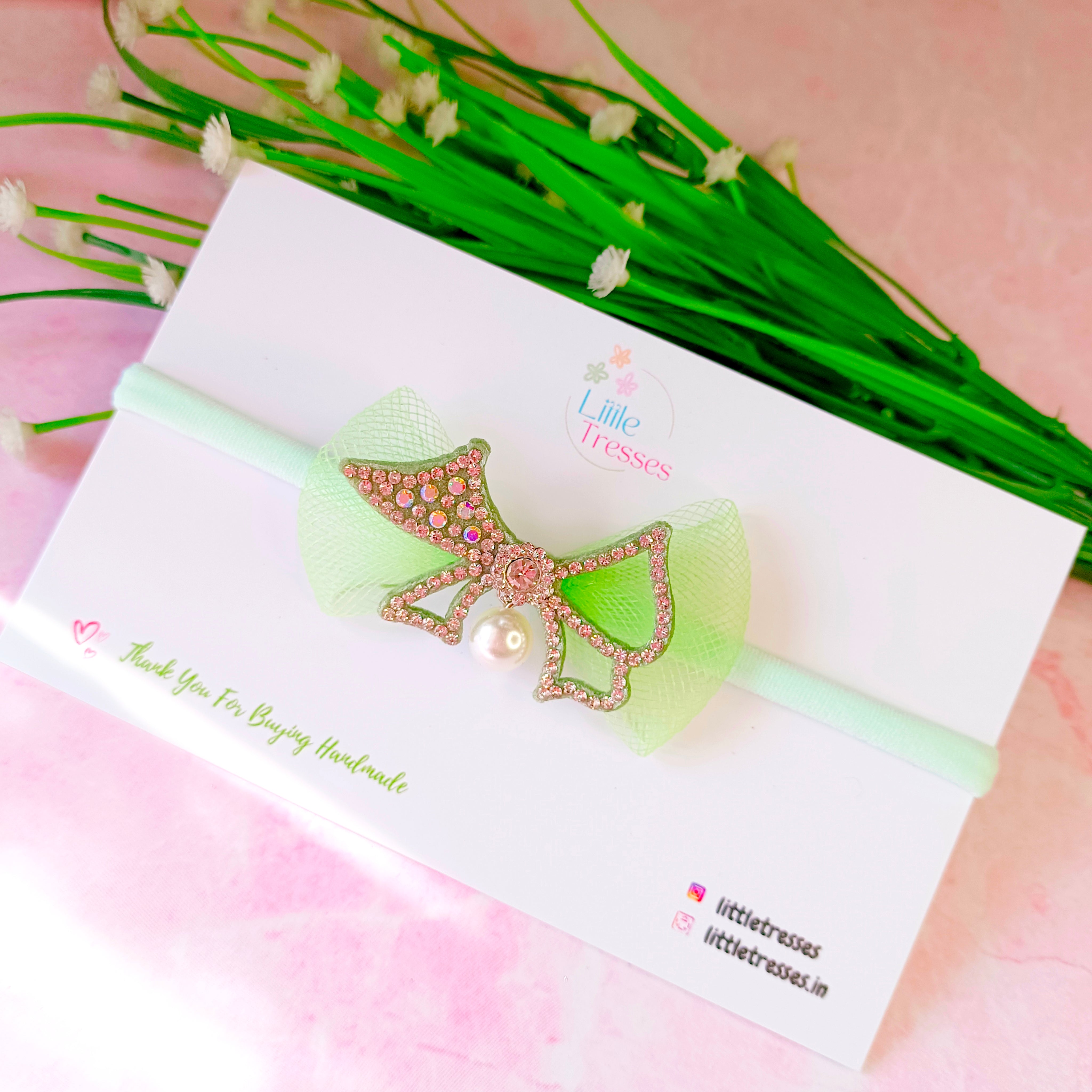 Net Bow with a Pearl Soft Headband - Peach