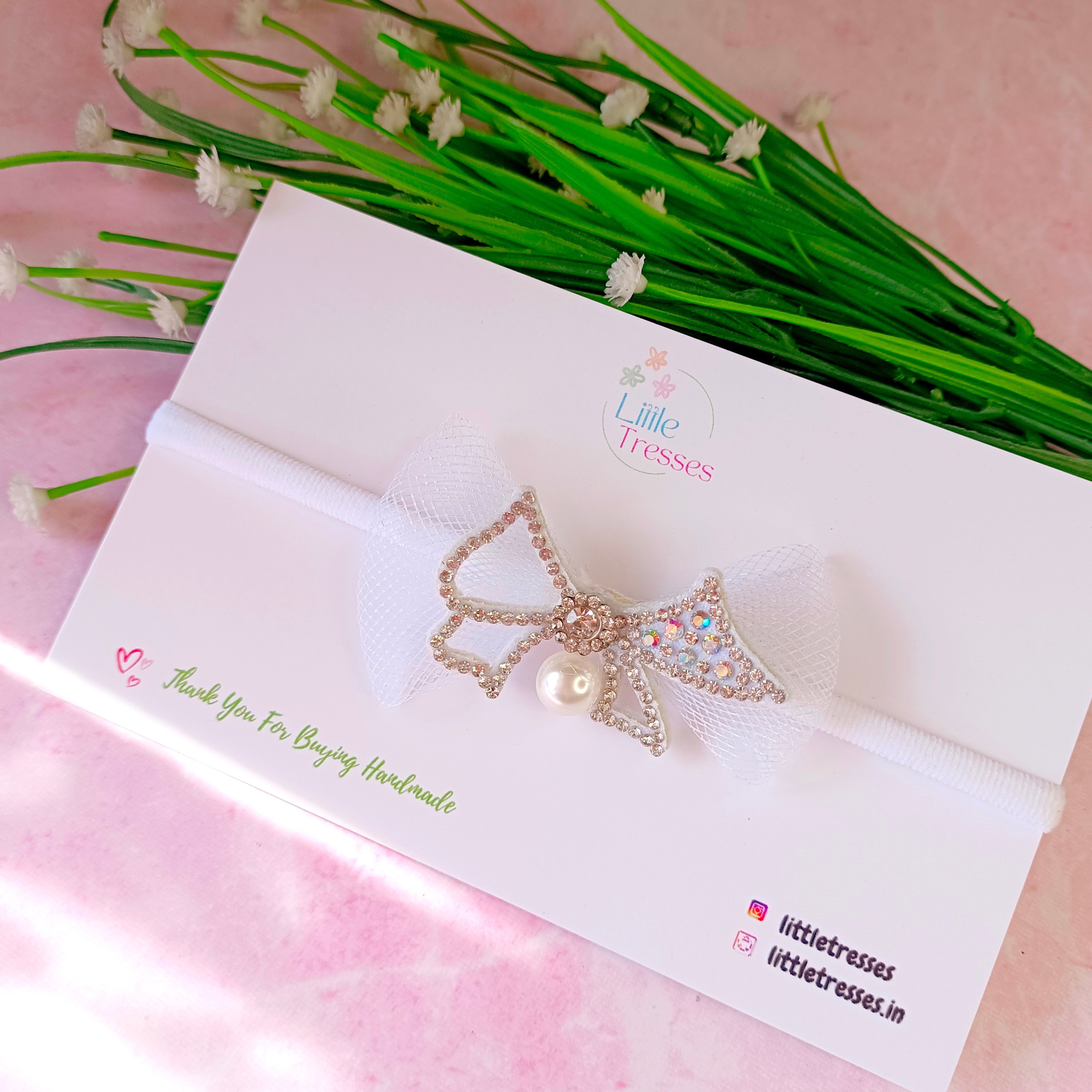 Net Bow with a Pearl Soft Headband - Peach