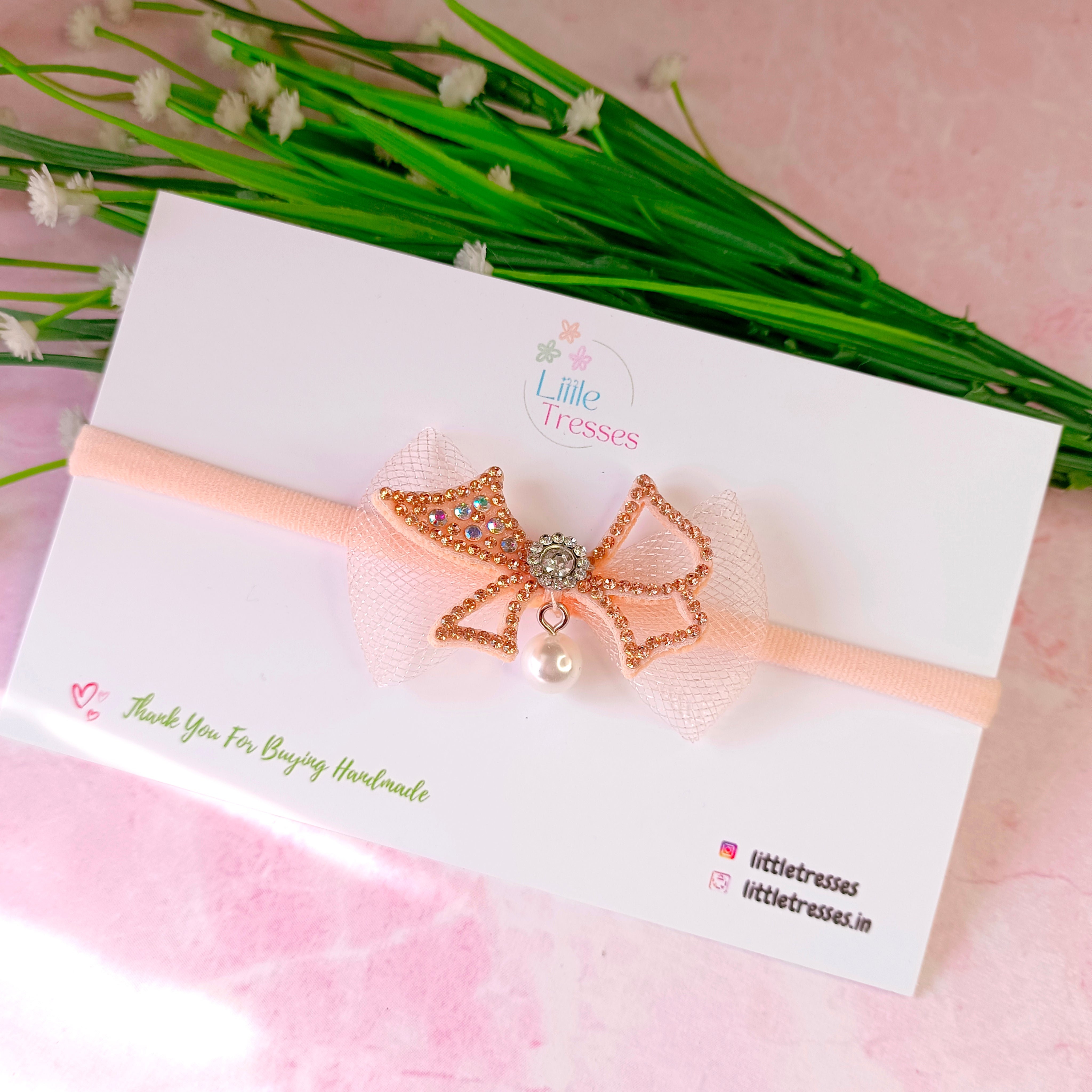 Net Bow with a Pearl Soft Headband - Peach